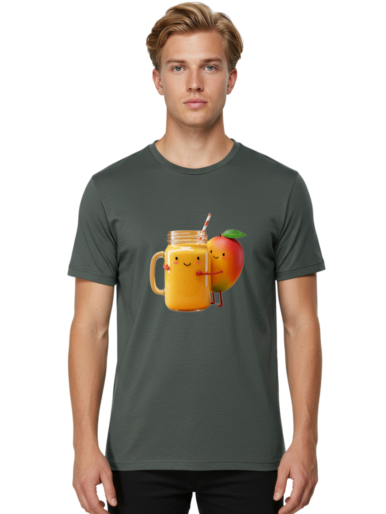 Mango-Smoothie-4 Men'S Graphic Tee, 100% Cotton, Comfortable Casual Summer Wear, Machine Washable, Mason Jar With Straw, Smiling Jar, Mango Character, Orange Smoothie, Healthy Drink, Cartoon-Style Illustration, Smiling Faces, Happy Vibe, Bac156