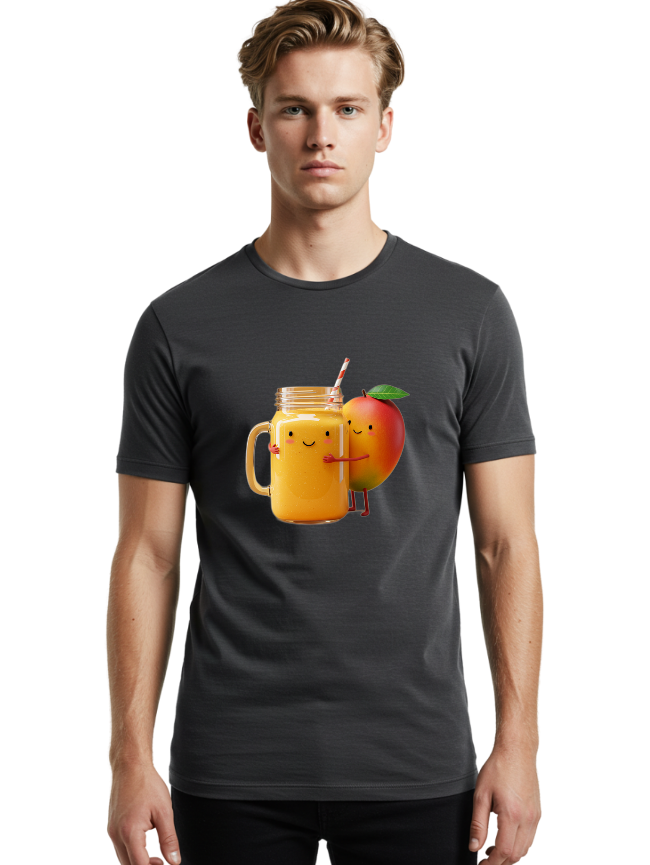 Mango-Smoothie-4 Men'S Graphic Tee, 100% Cotton, Comfortable Casual Summer Wear, Machine Washable, Mason Jar With Straw, Smiling Jar, Mango Character, Orange Smoothie, Healthy Drink, Cartoon-Style Illustration, Smiling Faces, Happy Vibe, Bac156