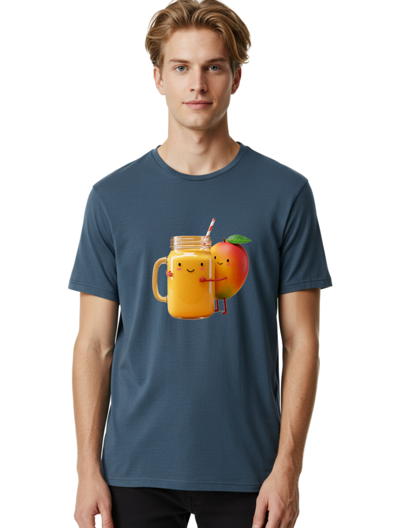 Mango-Smoothie-4 Men'S Graphic Tee, 100% Cotton, Comfortable Casual Summer Wear, Machine Washable, Mason Jar With Straw, Smiling Jar, Mango Character, Orange Smoothie, Healthy Drink, Cartoon-Style Illustration, Smiling Faces, Happy Vibe, Bac156