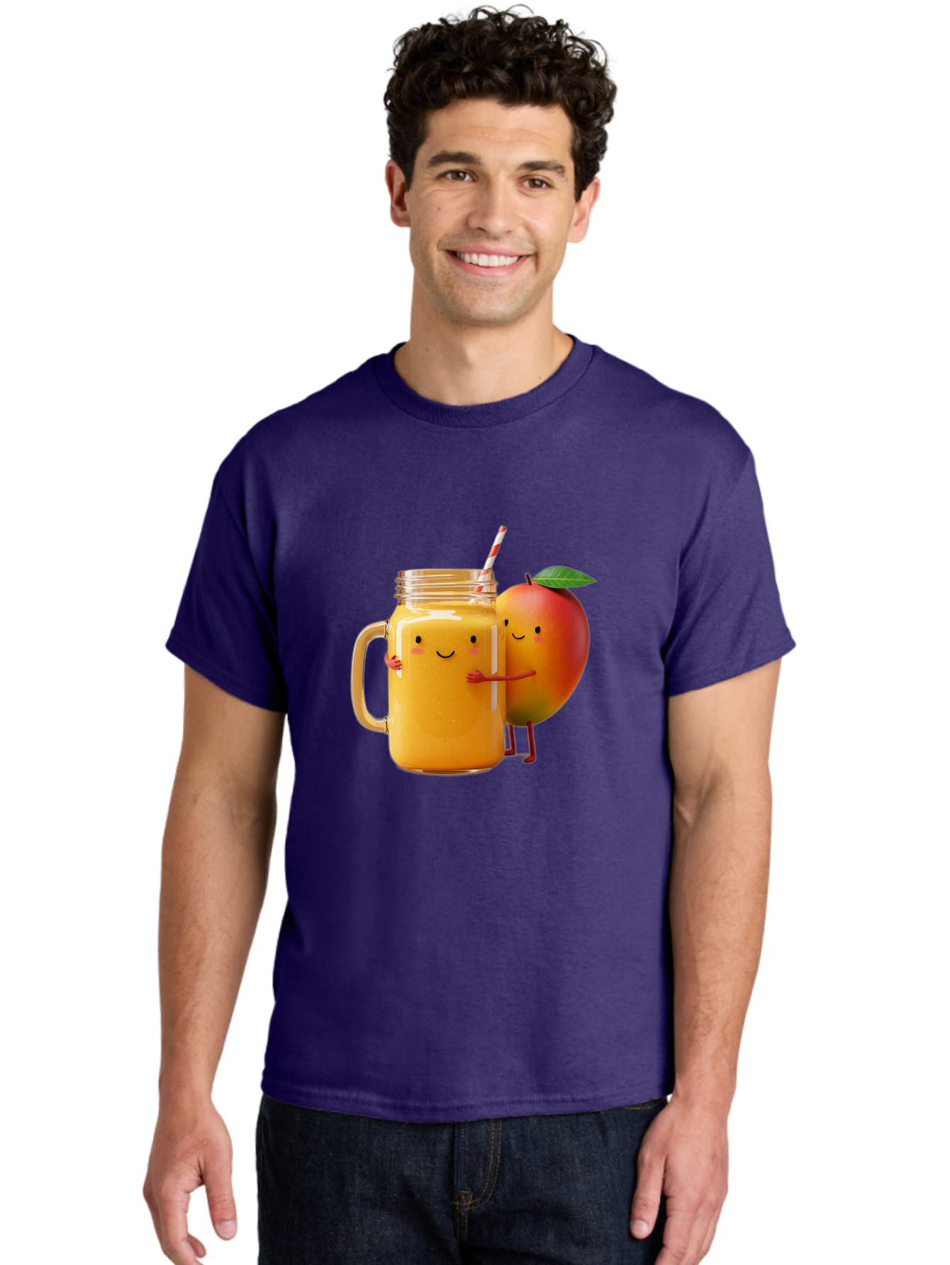 Mango-Smoothie-4 Men'S Graphic Tee, 100% Cotton, Comfortable Casual Summer Wear, Machine Washable, Mason Jar With Straw, Smiling Jar, Mango Character, Orange Smoothie, Healthy Drink, Cartoon-Style Illustration, Smiling Faces, Happy Vibe, Bac156