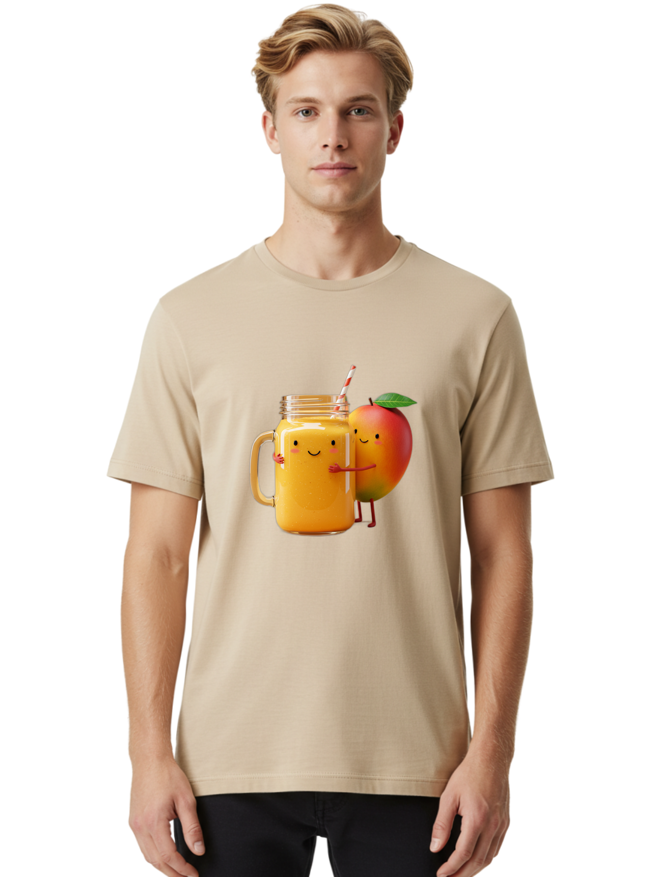 Mango-Smoothie-4 Men'S Graphic Tee, 100% Cotton, Comfortable Casual Summer Wear, Machine Washable, Mason Jar With Straw, Smiling Jar, Mango Character, Orange Smoothie, Healthy Drink, Cartoon-Style Illustration, Smiling Faces, Happy Vibe, Bac156