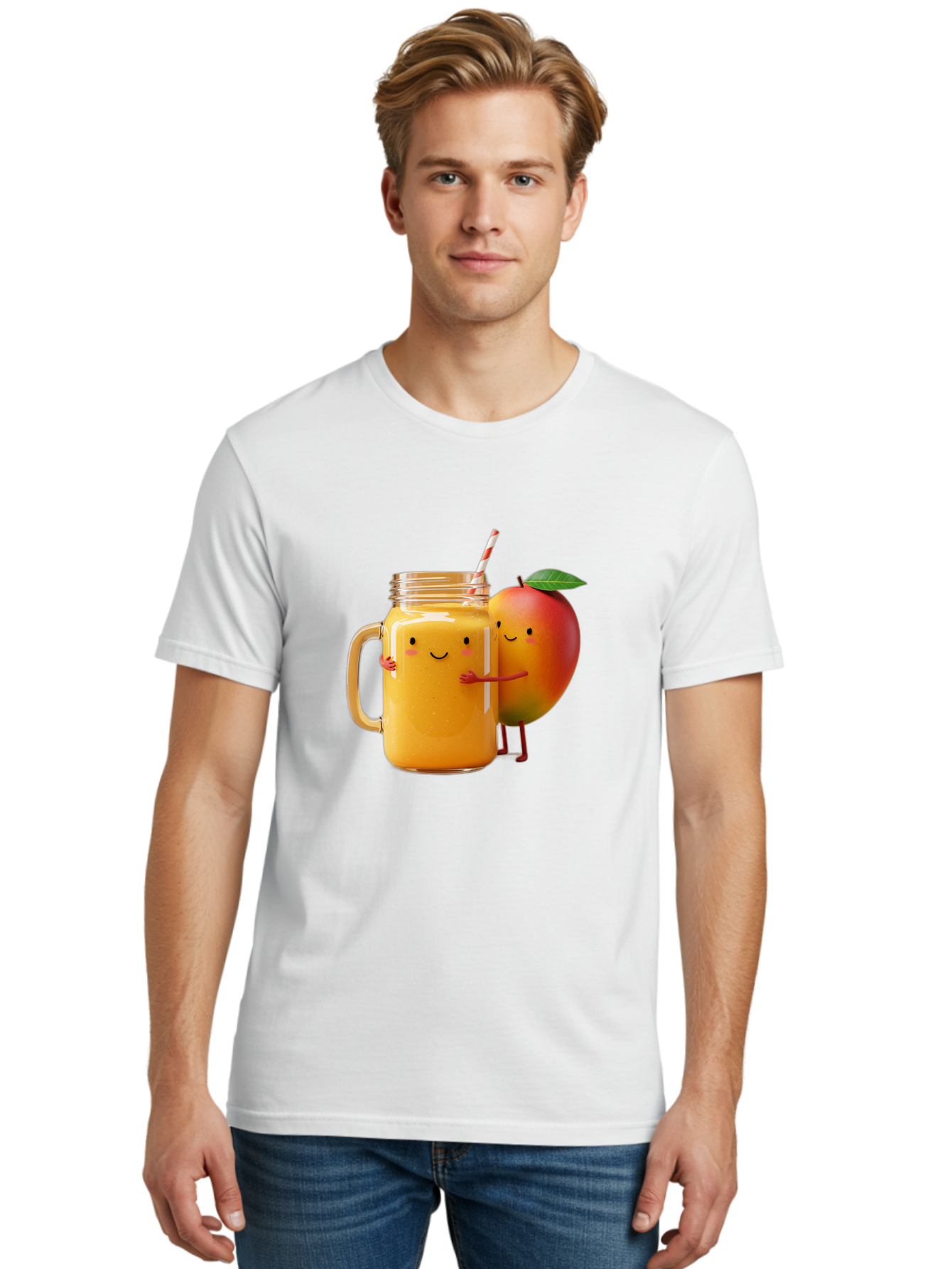 Mango-Smoothie-4 Men'S Graphic Tee, 100% Cotton, Comfortable Casual Summer Wear, Machine Washable, Mason Jar With Straw, Smiling Jar, Mango Character, Orange Smoothie, Healthy Drink, Cartoon-Style Illustration, Smiling Faces, Happy Vibe, Bac156