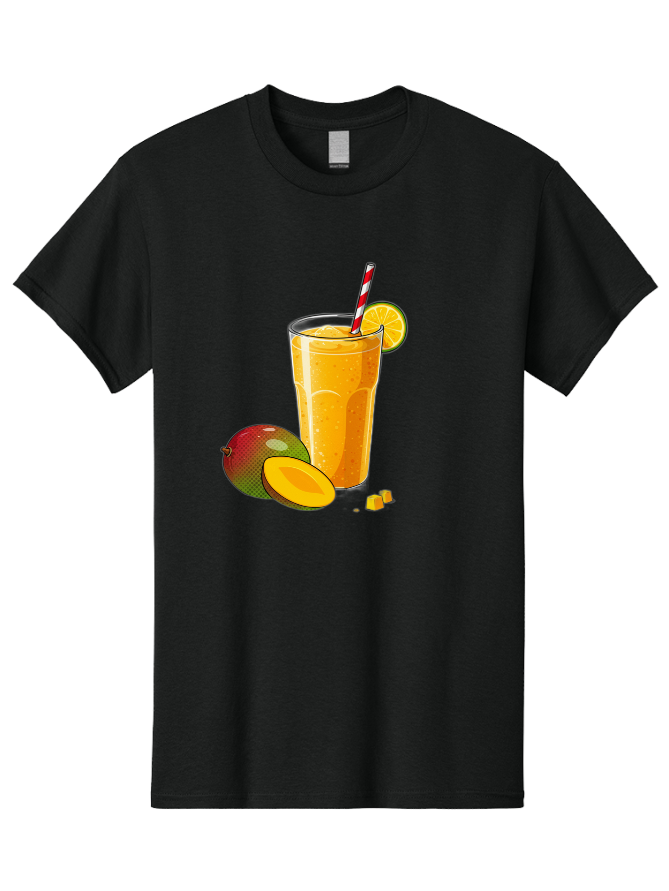 Mango-Smoothie-5 Men'S Graphic Tee, 100% Cotton, Comfortable Casual Summer Wear, Machine Washable, Mango Smoothie, Orange Slice, Red And White Straw, Refreshing Drink, Citrus Flavor, Tropical Fruit, Mango Chunks, Healthy Beverage, Summer Treat Bac157