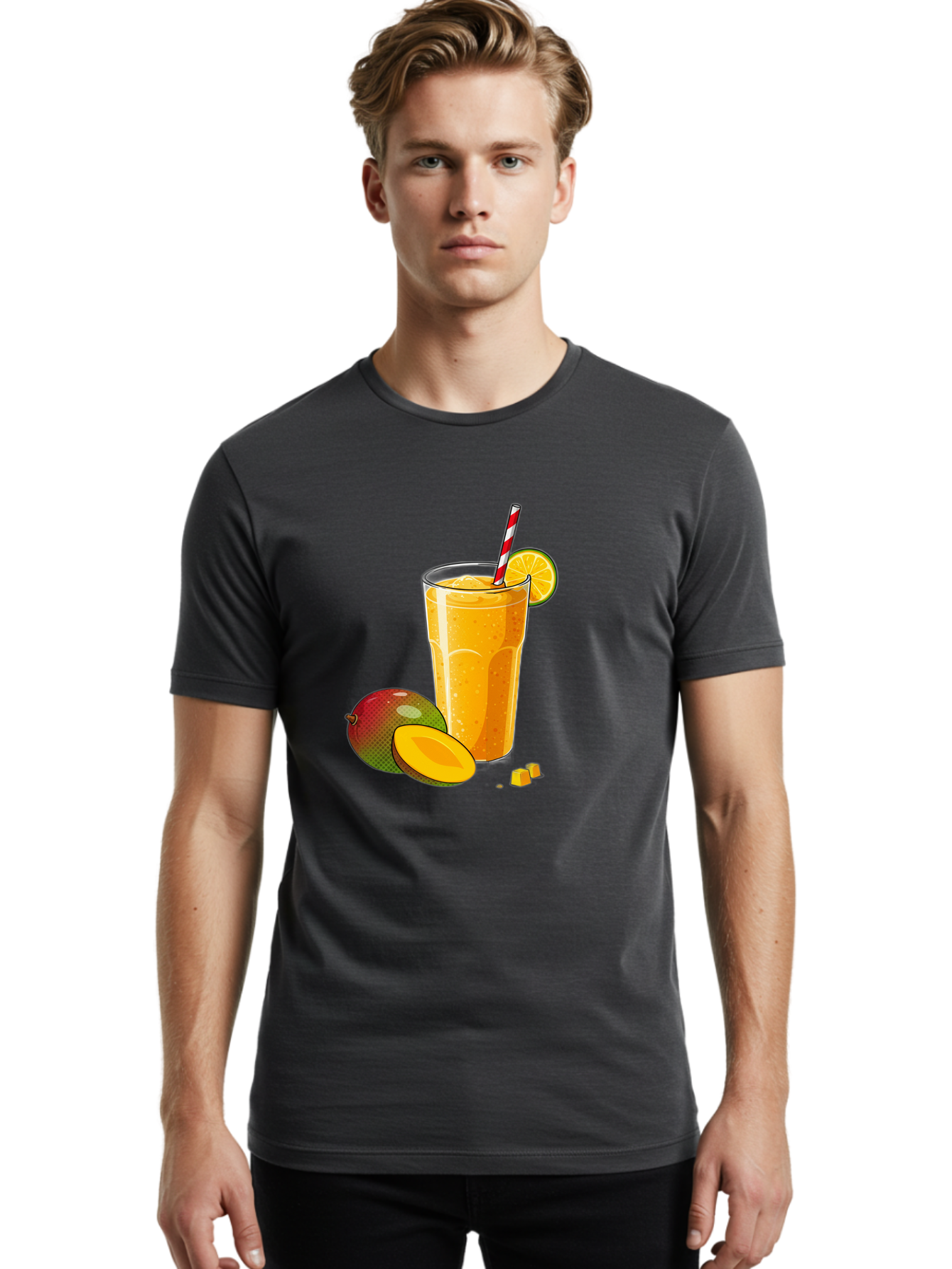Mango-Smoothie-5 Men'S Graphic Tee, 100% Cotton, Comfortable Casual Summer Wear, Machine Washable, Mango Smoothie, Orange Slice, Red And White Straw, Refreshing Drink, Citrus Flavor, Tropical Fruit, Mango Chunks, Healthy Beverage, Summer Treat Bac157