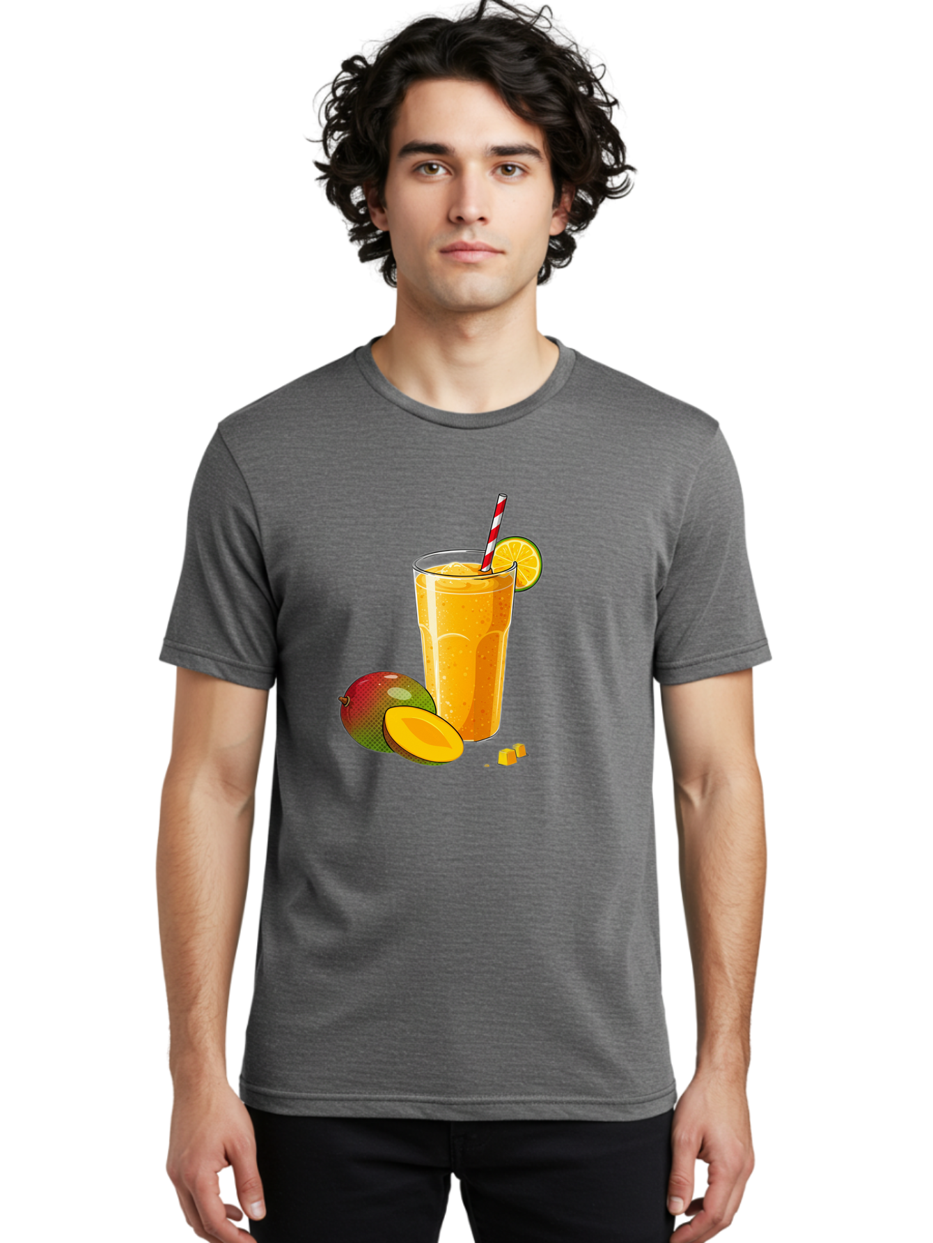 Mango-Smoothie-5 Men'S Graphic Tee, 100% Cotton, Comfortable Casual Summer Wear, Machine Washable, Mango Smoothie, Orange Slice, Red And White Straw, Refreshing Drink, Citrus Flavor, Tropical Fruit, Mango Chunks, Healthy Beverage, Summer Treat Bac157