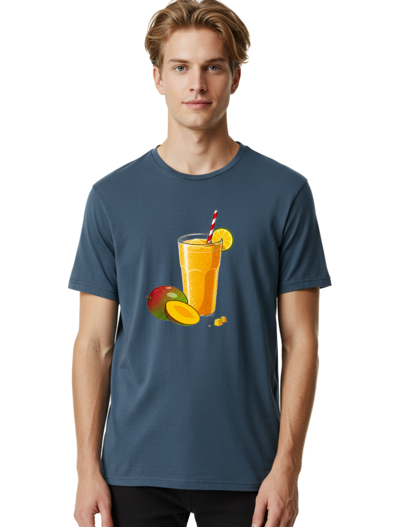 Mango-Smoothie-5 Men'S Graphic Tee, 100% Cotton, Comfortable Casual Summer Wear, Machine Washable, Mango Smoothie, Orange Slice, Red And White Straw, Refreshing Drink, Citrus Flavor, Tropical Fruit, Mango Chunks, Healthy Beverage, Summer Treat Bac157