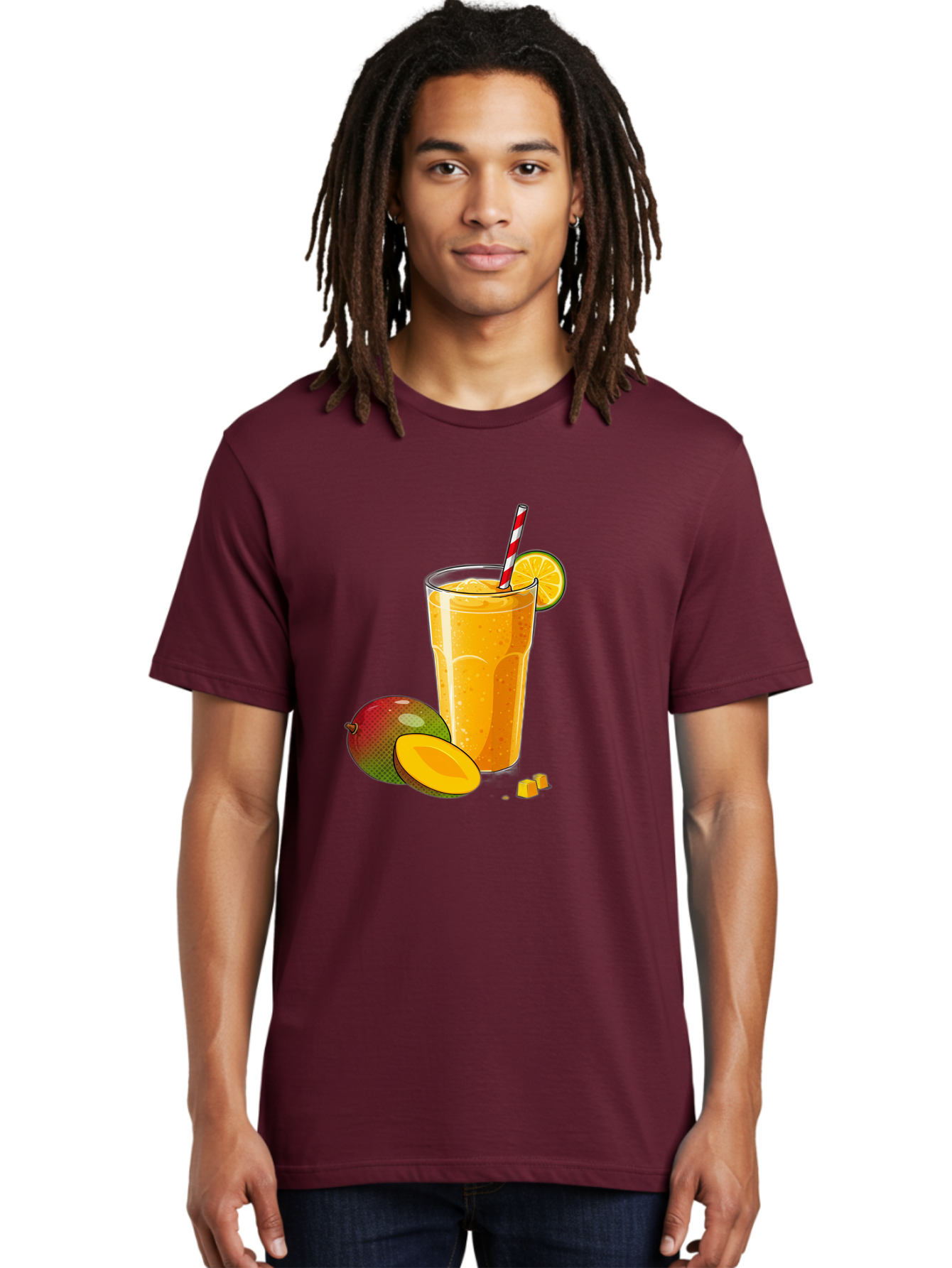 Mango-Smoothie-5 Men'S Graphic Tee, 100% Cotton, Comfortable Casual Summer Wear, Machine Washable, Mango Smoothie, Orange Slice, Red And White Straw, Refreshing Drink, Citrus Flavor, Tropical Fruit, Mango Chunks, Healthy Beverage, Summer Treat Bac157