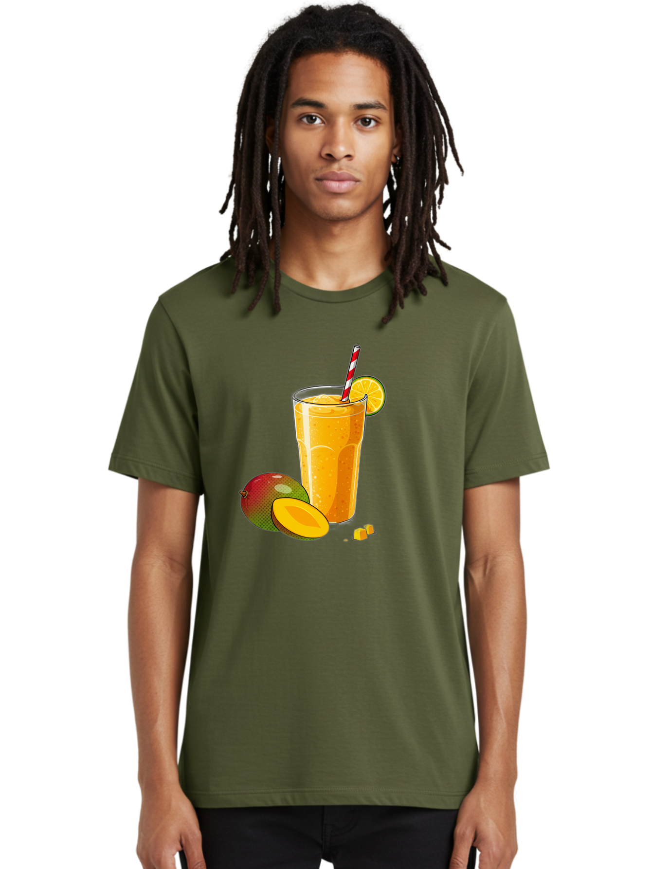 Mango-Smoothie-5 Men'S Graphic Tee, 100% Cotton, Comfortable Casual Summer Wear, Machine Washable, Mango Smoothie, Orange Slice, Red And White Straw, Refreshing Drink, Citrus Flavor, Tropical Fruit, Mango Chunks, Healthy Beverage, Summer Treat Bac157