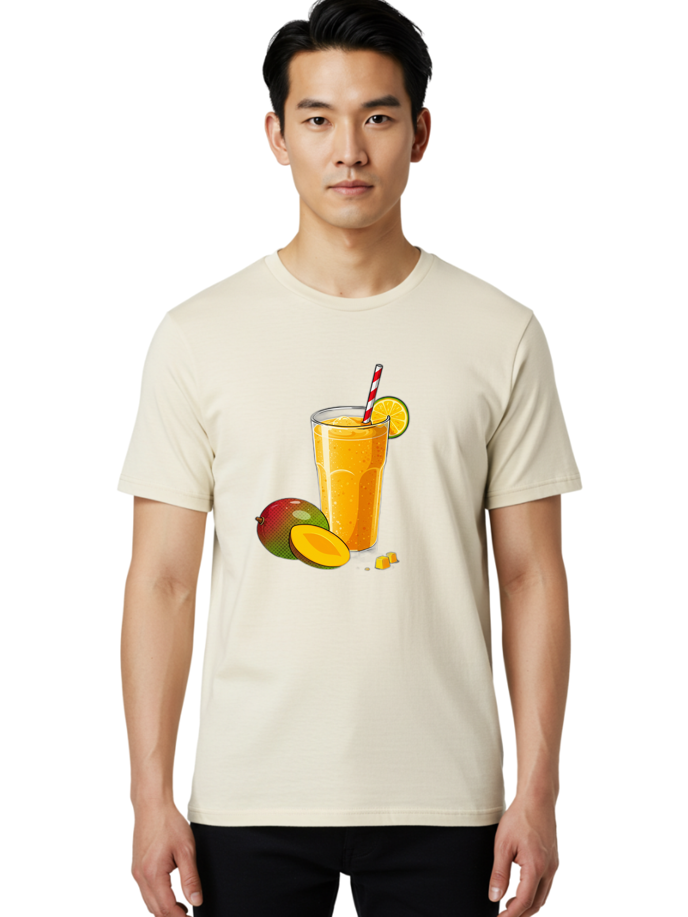 Mango-Smoothie-5 Men'S Graphic Tee, 100% Cotton, Comfortable Casual Summer Wear, Machine Washable, Mango Smoothie, Orange Slice, Red And White Straw, Refreshing Drink, Citrus Flavor, Tropical Fruit, Mango Chunks, Healthy Beverage, Summer Treat Bac157