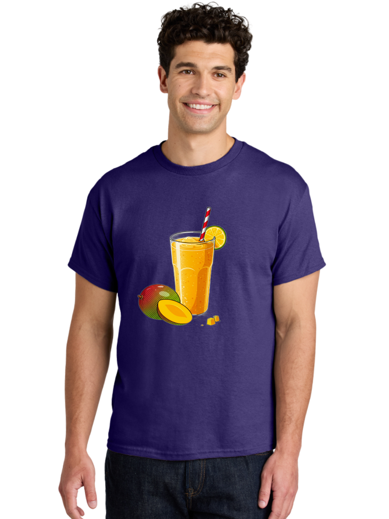Mango-Smoothie-5 Men'S Graphic Tee, 100% Cotton, Comfortable Casual Summer Wear, Machine Washable, Mango Smoothie, Orange Slice, Red And White Straw, Refreshing Drink, Citrus Flavor, Tropical Fruit, Mango Chunks, Healthy Beverage, Summer Treat Bac157