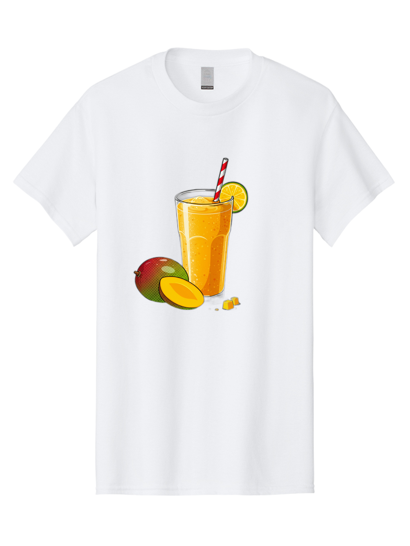 Mango-Smoothie-5 Men'S Graphic Tee, 100% Cotton, Comfortable Casual Summer Wear, Machine Washable, Mango Smoothie, Orange Slice, Red And White Straw, Refreshing Drink, Citrus Flavor, Tropical Fruit, Mango Chunks, Healthy Beverage, Summer Treat Bac157