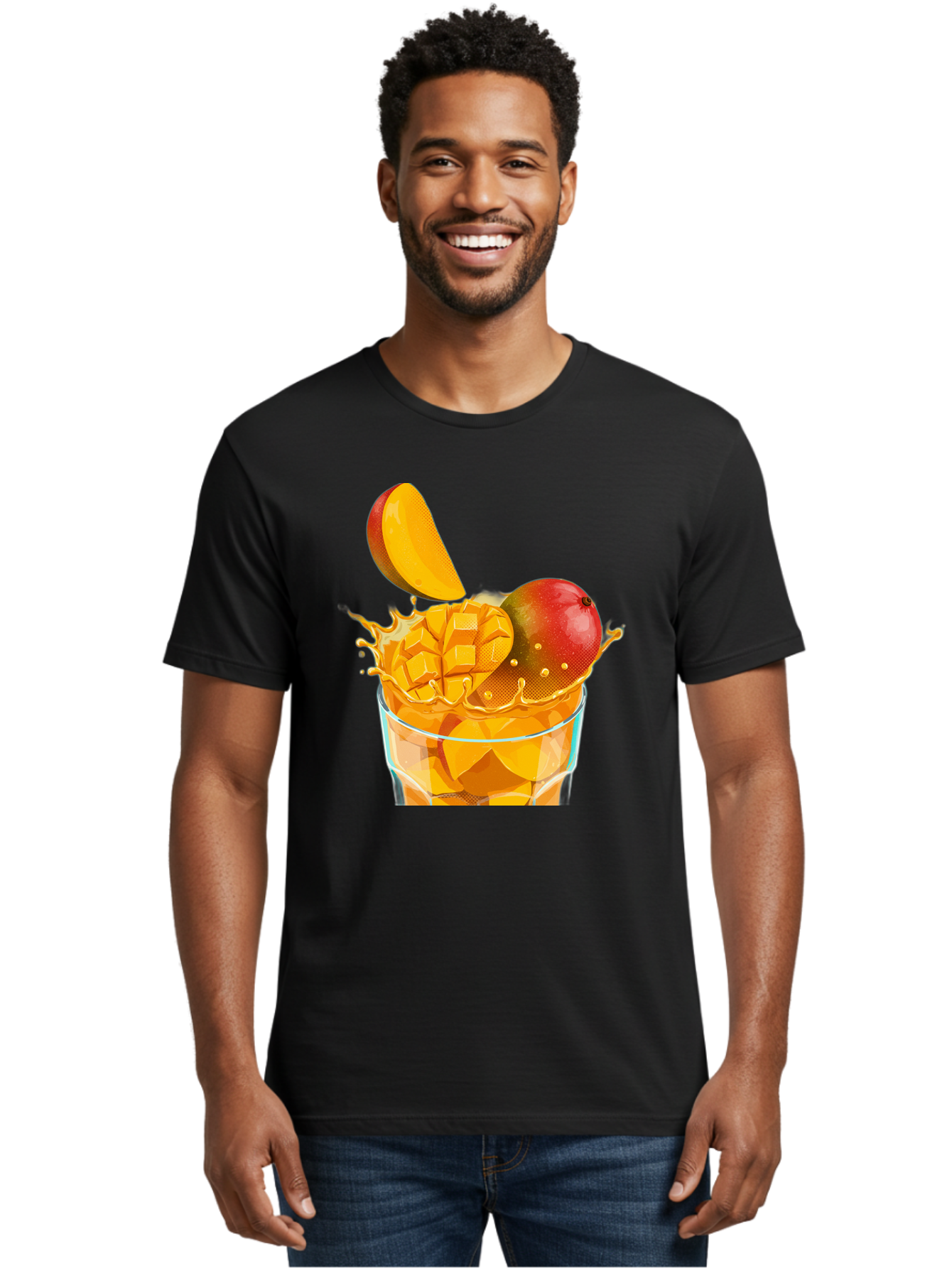 Mango-Smoothie-6 Men'S Graphic Tee, 100% Cotton, Comfortable Casual Summer Wear, Machine Washable, Fresh Mango, Mango Juice, Sliced Mango, Fruit Salad, Summer Drink, Fresh Fruit, Healthy Beverage, Tropical Flavors, Mango Chunks, Bac158