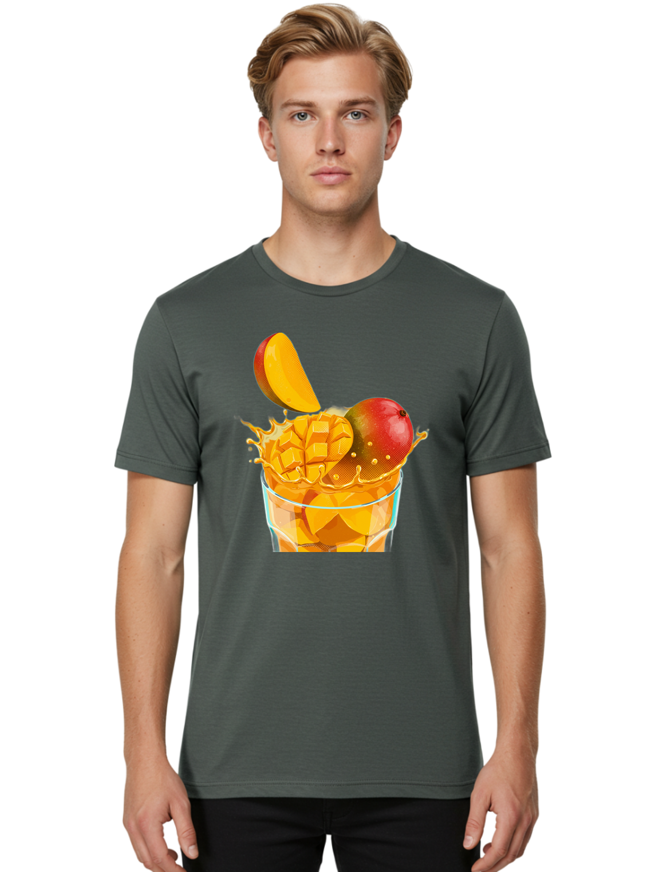 Mango-Smoothie-6 Men'S Graphic Tee, 100% Cotton, Comfortable Casual Summer Wear, Machine Washable, Fresh Mango, Mango Juice, Sliced Mango, Fruit Salad, Summer Drink, Fresh Fruit, Healthy Beverage, Tropical Flavors, Mango Chunks, Bac158