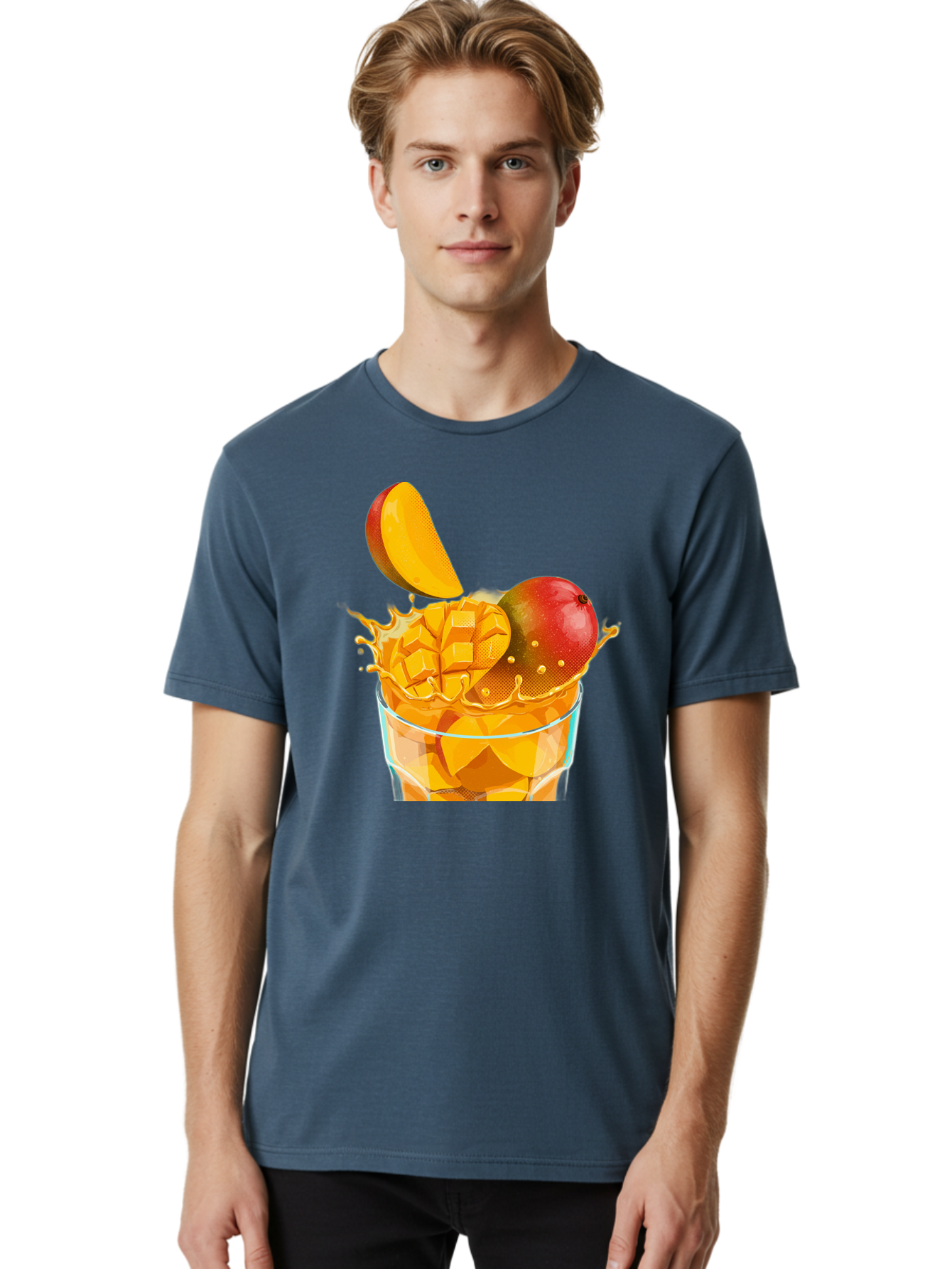 Mango-Smoothie-6 Men'S Graphic Tee, 100% Cotton, Comfortable Casual Summer Wear, Machine Washable, Fresh Mango, Mango Juice, Sliced Mango, Fruit Salad, Summer Drink, Fresh Fruit, Healthy Beverage, Tropical Flavors, Mango Chunks, Bac158