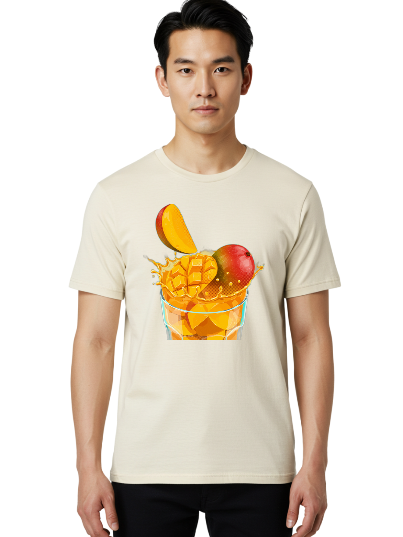 Mango-Smoothie-6 Men'S Graphic Tee, 100% Cotton, Comfortable Casual Summer Wear, Machine Washable, Fresh Mango, Mango Juice, Sliced Mango, Fruit Salad, Summer Drink, Fresh Fruit, Healthy Beverage, Tropical Flavors, Mango Chunks, Bac158