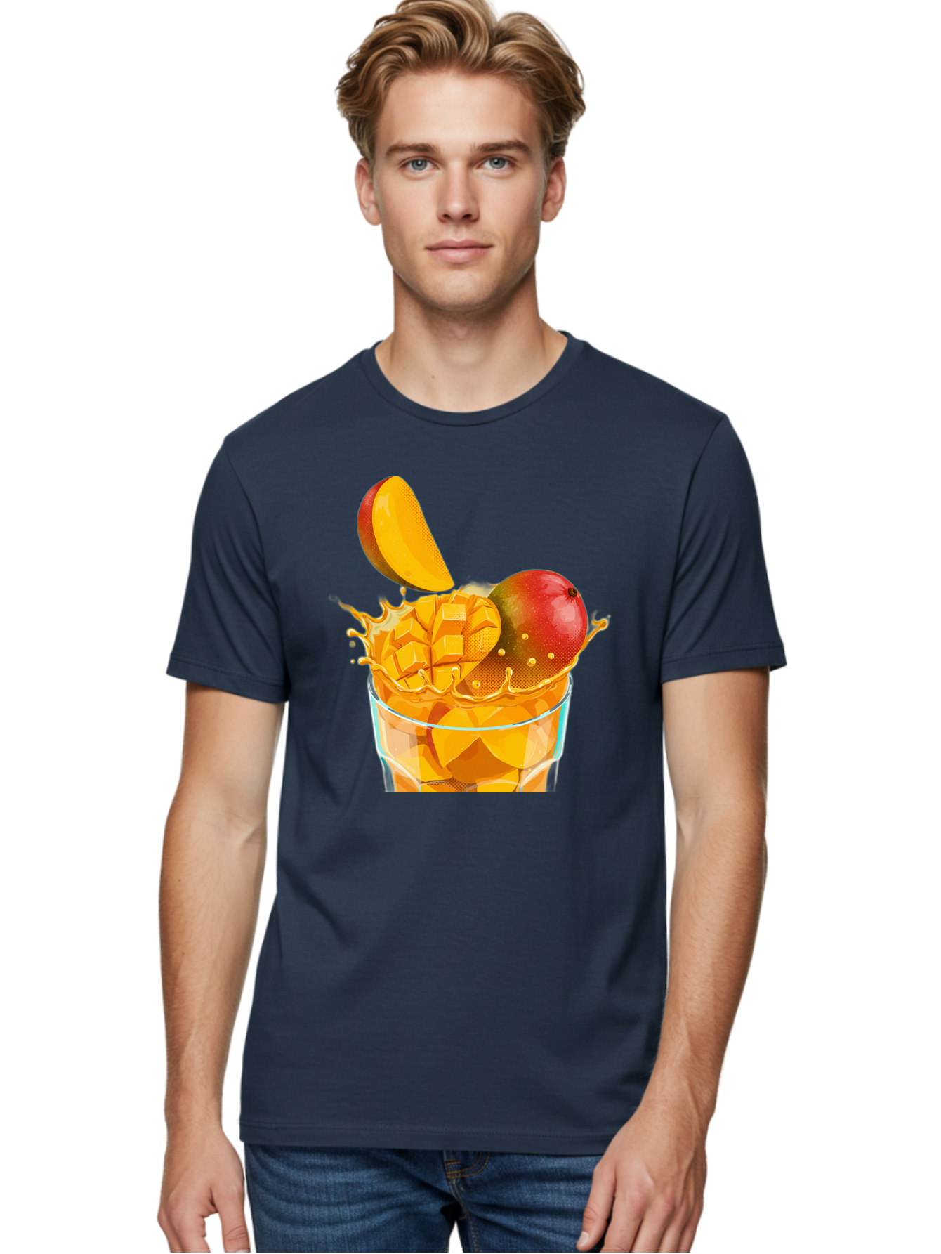 Mango-Smoothie-6 Men'S Graphic Tee, 100% Cotton, Comfortable Casual Summer Wear, Machine Washable, Fresh Mango, Mango Juice, Sliced Mango, Fruit Salad, Summer Drink, Fresh Fruit, Healthy Beverage, Tropical Flavors, Mango Chunks, Bac158
