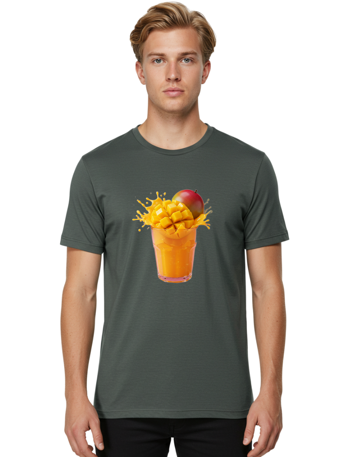 Mango-Smoothie-7 Men'S Graphic Tee, 100% Cotton, Comfortable Casual Summer Wear, Machine Washable, Mango Smoothie, Fresh Mango, Tropical Drink, Vibrant Colors, Healthy Beverage, Refreshing Drink, Summer Refreshment, Mango Chunks, Mango Juice Bac159