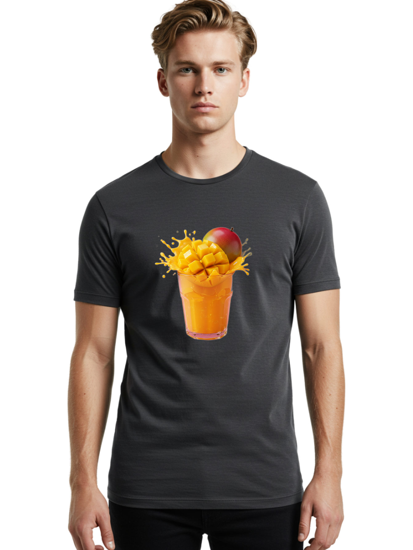 Mango-Smoothie-7 Men'S Graphic Tee, 100% Cotton, Comfortable Casual Summer Wear, Machine Washable, Mango Smoothie, Fresh Mango, Tropical Drink, Vibrant Colors, Healthy Beverage, Refreshing Drink, Summer Refreshment, Mango Chunks, Mango Juice Bac159