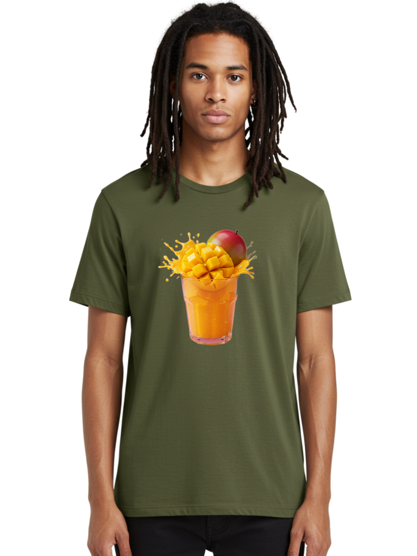 Mango-Smoothie-7 Men'S Graphic Tee, 100% Cotton, Comfortable Casual Summer Wear, Machine Washable, Mango Smoothie, Fresh Mango, Tropical Drink, Vibrant Colors, Healthy Beverage, Refreshing Drink, Summer Refreshment, Mango Chunks, Mango Juice Bac159