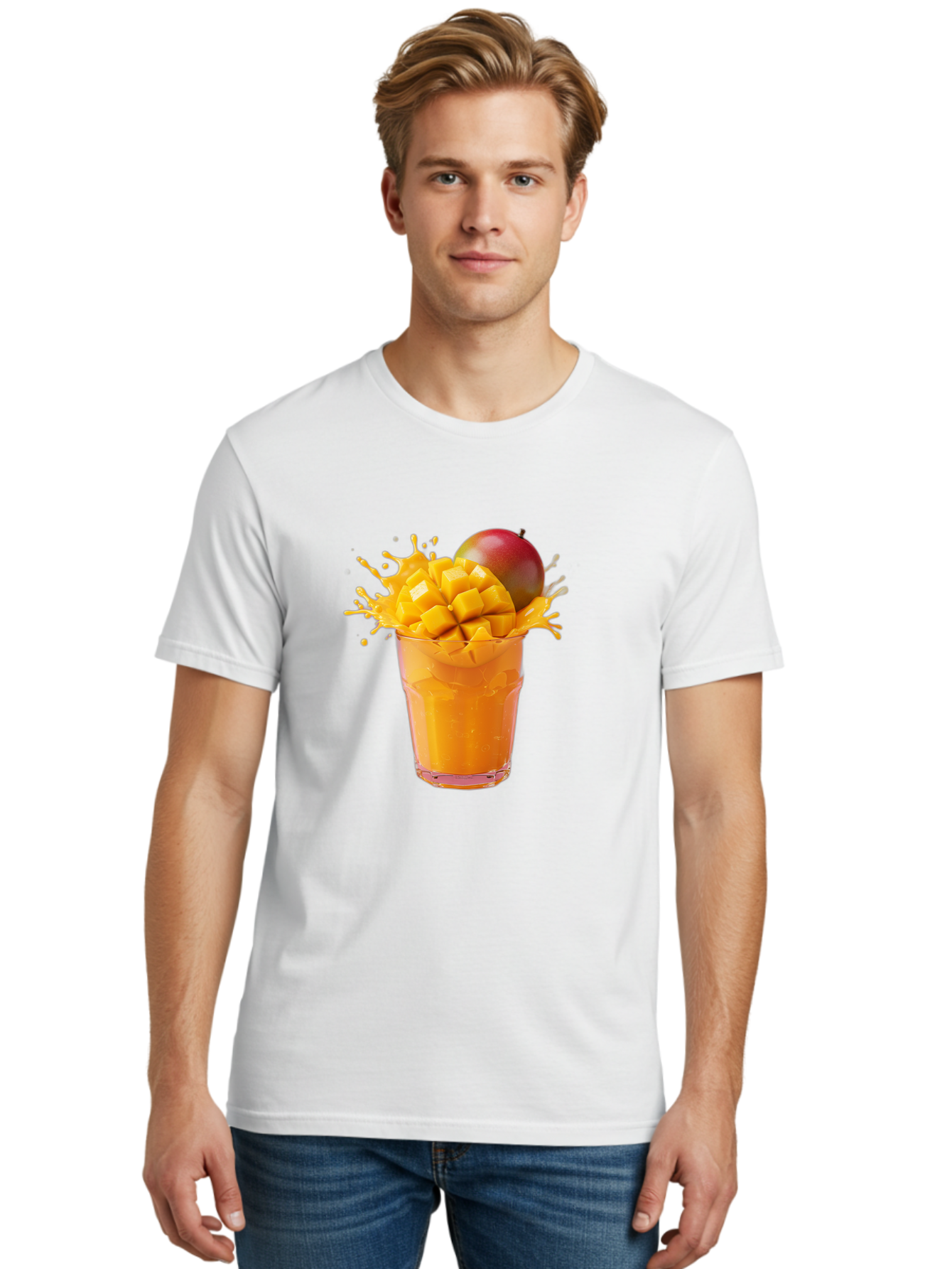 Mango-Smoothie-7 Men'S Graphic Tee, 100% Cotton, Comfortable Casual Summer Wear, Machine Washable, Mango Smoothie, Fresh Mango, Tropical Drink, Vibrant Colors, Healthy Beverage, Refreshing Drink, Summer Refreshment, Mango Chunks, Mango Juice Bac159