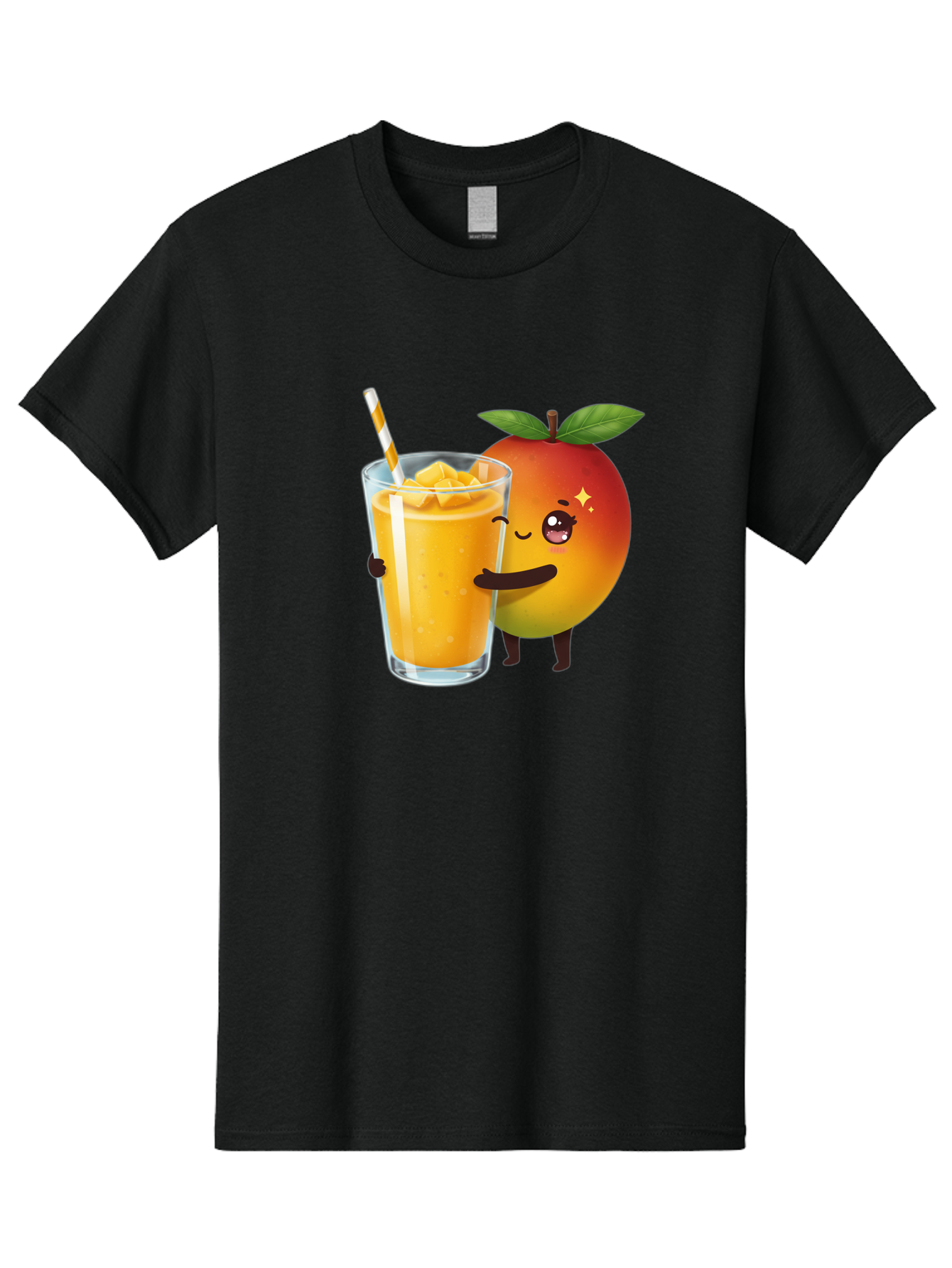 Mango-Smoothie Men'S Graphic Tee, 100% Cotton, Comfortable Casual Summer Wear, Machine Washable, Mango Smoothie, Orange Drink, Cartoon Fruit, Yellow Beverage, Glass With Straw, Mango Chunks, Fruit Character, Healthy Drink, Refreshing Beverage, Bac160
