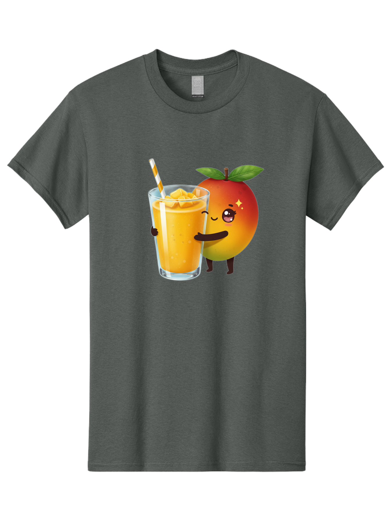 Mango-Smoothie Men'S Graphic Tee, 100% Cotton, Comfortable Casual Summer Wear, Machine Washable, Mango Smoothie, Orange Drink, Cartoon Fruit, Yellow Beverage, Glass With Straw, Mango Chunks, Fruit Character, Healthy Drink, Refreshing Beverage, Bac160