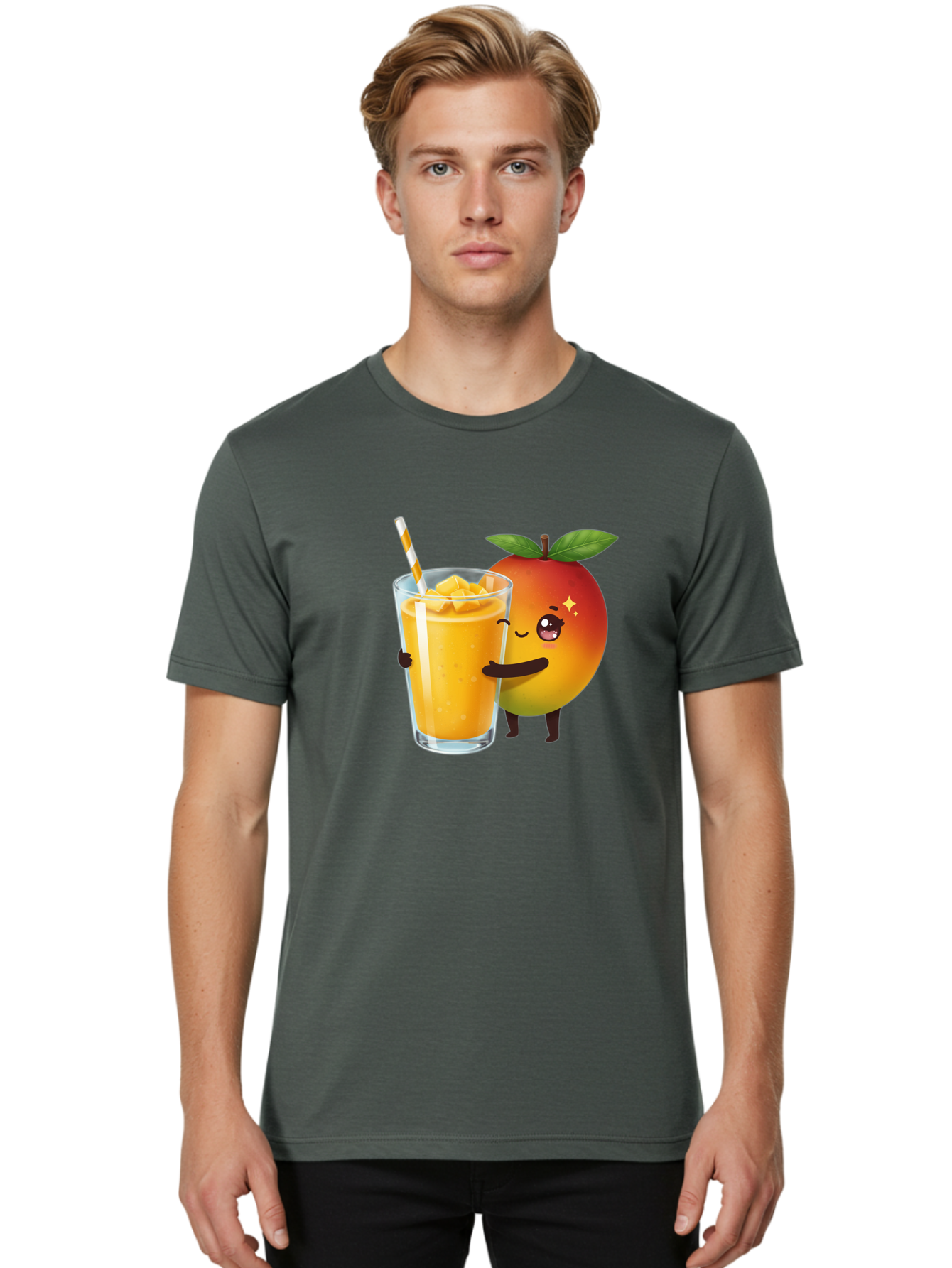 Mango-Smoothie Men'S Graphic Tee, 100% Cotton, Comfortable Casual Summer Wear, Machine Washable, Mango Smoothie, Orange Drink, Cartoon Fruit, Yellow Beverage, Glass With Straw, Mango Chunks, Fruit Character, Healthy Drink, Refreshing Beverage, Bac160