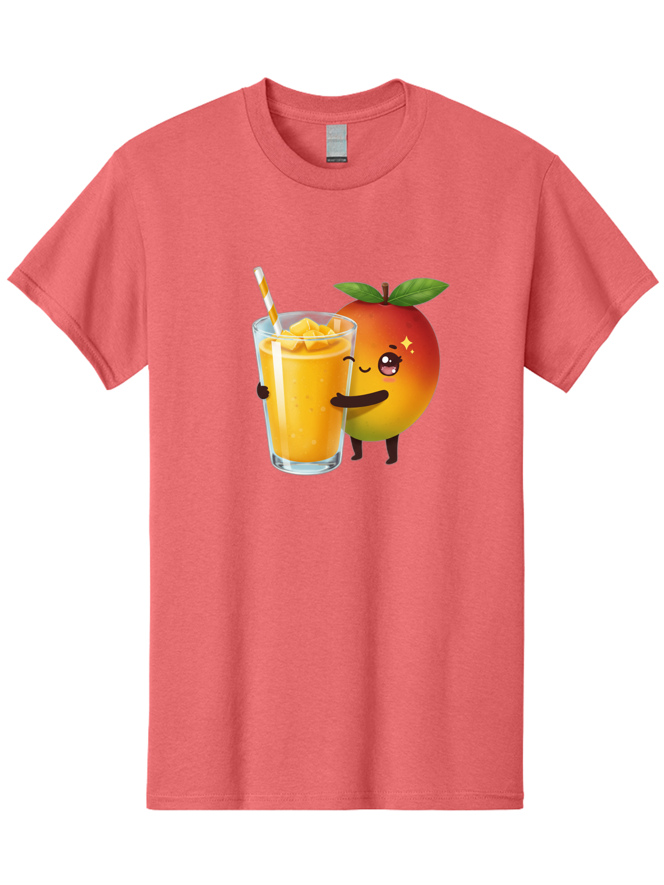 Mango-Smoothie Men'S Graphic Tee, 100% Cotton, Comfortable Casual Summer Wear, Machine Washable, Mango Smoothie, Orange Drink, Cartoon Fruit, Yellow Beverage, Glass With Straw, Mango Chunks, Fruit Character, Healthy Drink, Refreshing Beverage, Bac160