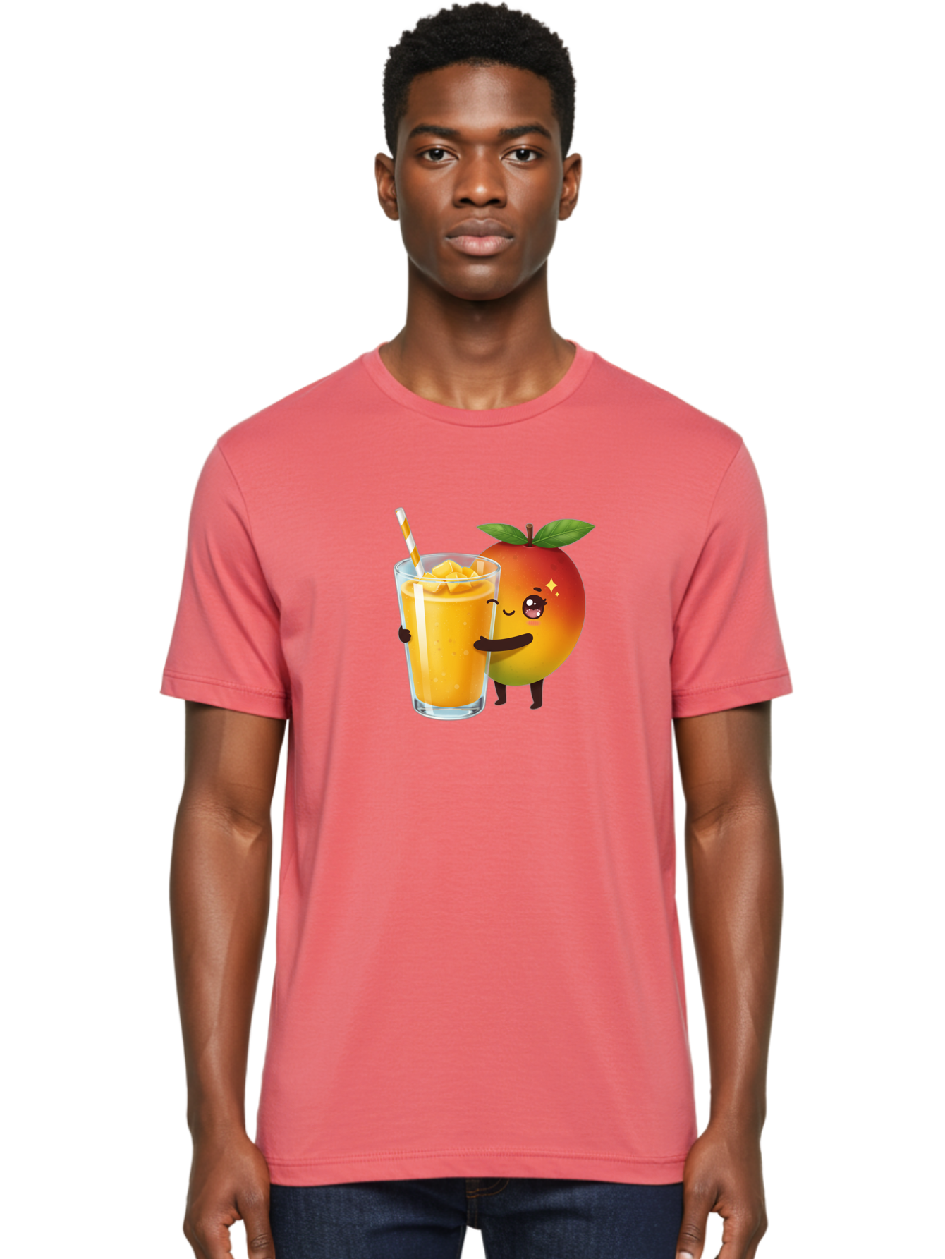 Mango-Smoothie Men'S Graphic Tee, 100% Cotton, Comfortable Casual Summer Wear, Machine Washable, Mango Smoothie, Orange Drink, Cartoon Fruit, Yellow Beverage, Glass With Straw, Mango Chunks, Fruit Character, Healthy Drink, Refreshing Beverage, Bac160
