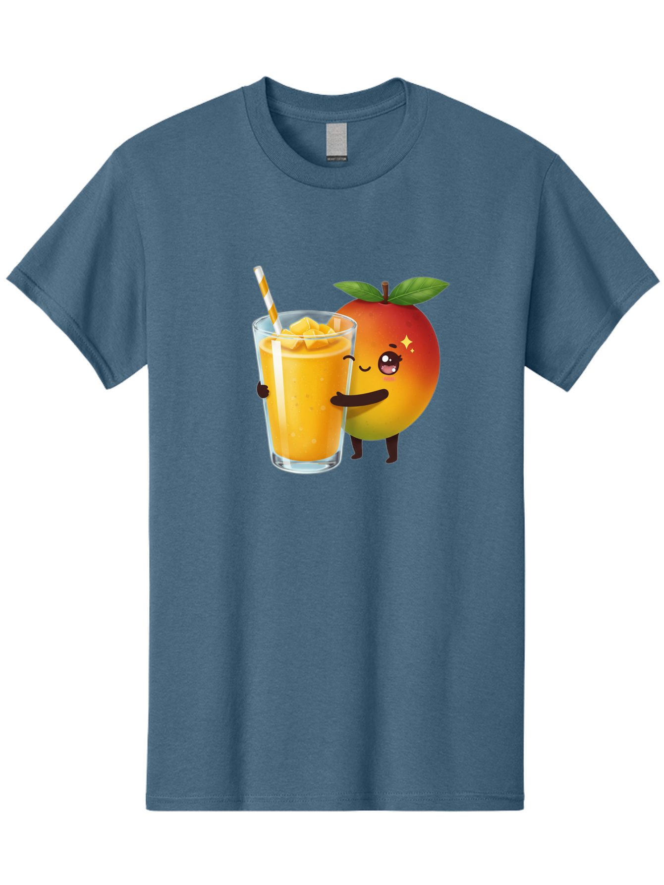 Mango-Smoothie Men'S Graphic Tee, 100% Cotton, Comfortable Casual Summer Wear, Machine Washable, Mango Smoothie, Orange Drink, Cartoon Fruit, Yellow Beverage, Glass With Straw, Mango Chunks, Fruit Character, Healthy Drink, Refreshing Beverage, Bac160