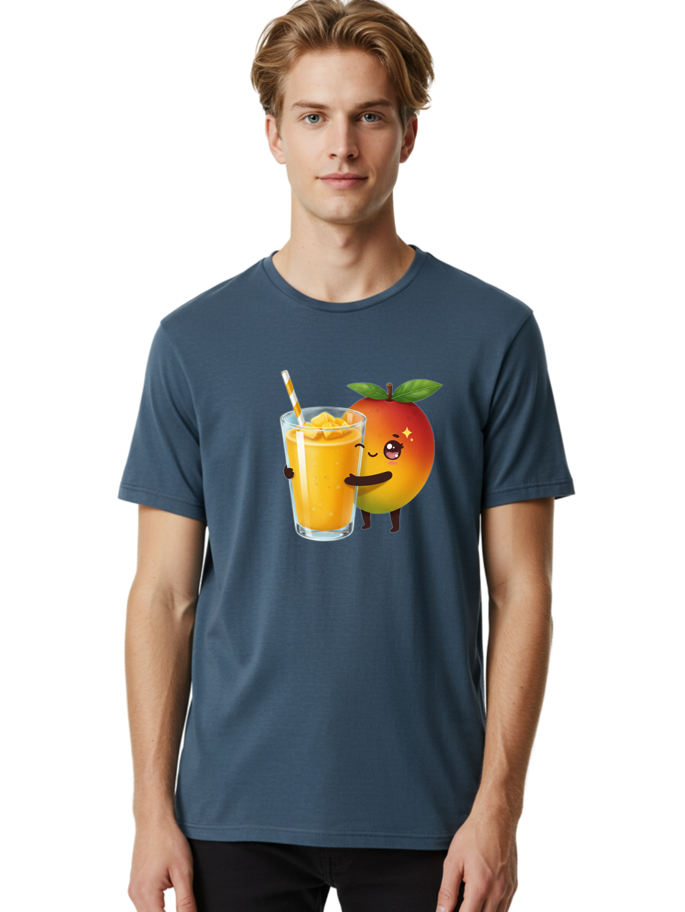 Mango-Smoothie Men'S Graphic Tee, 100% Cotton, Comfortable Casual Summer Wear, Machine Washable, Mango Smoothie, Orange Drink, Cartoon Fruit, Yellow Beverage, Glass With Straw, Mango Chunks, Fruit Character, Healthy Drink, Refreshing Beverage, Bac160