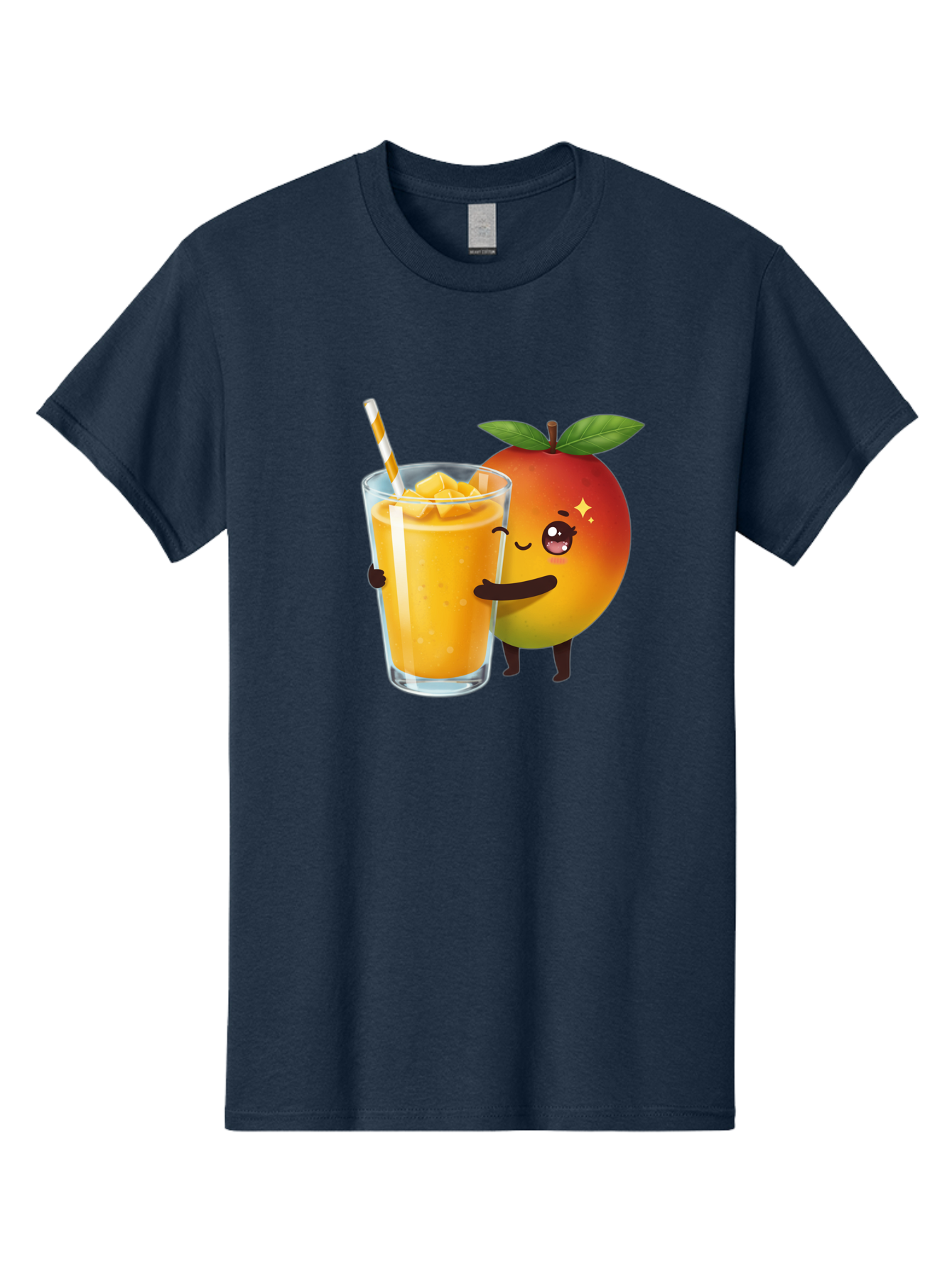 Mango-Smoothie Men'S Graphic Tee, 100% Cotton, Comfortable Casual Summer Wear, Machine Washable, Mango Smoothie, Orange Drink, Cartoon Fruit, Yellow Beverage, Glass With Straw, Mango Chunks, Fruit Character, Healthy Drink, Refreshing Beverage, Bac160