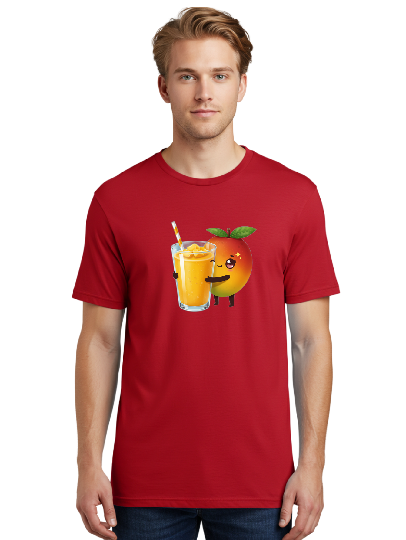 Mango-Smoothie Men'S Graphic Tee, 100% Cotton, Comfortable Casual Summer Wear, Machine Washable, Mango Smoothie, Orange Drink, Cartoon Fruit, Yellow Beverage, Glass With Straw, Mango Chunks, Fruit Character, Healthy Drink, Refreshing Beverage, Bac160