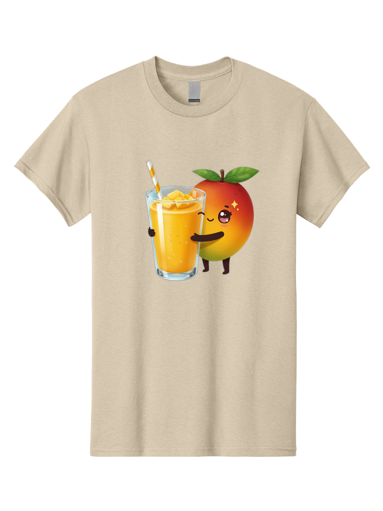 Mango-Smoothie Men'S Graphic Tee, 100% Cotton, Comfortable Casual Summer Wear, Machine Washable, Mango Smoothie, Orange Drink, Cartoon Fruit, Yellow Beverage, Glass With Straw, Mango Chunks, Fruit Character, Healthy Drink, Refreshing Beverage, Bac160