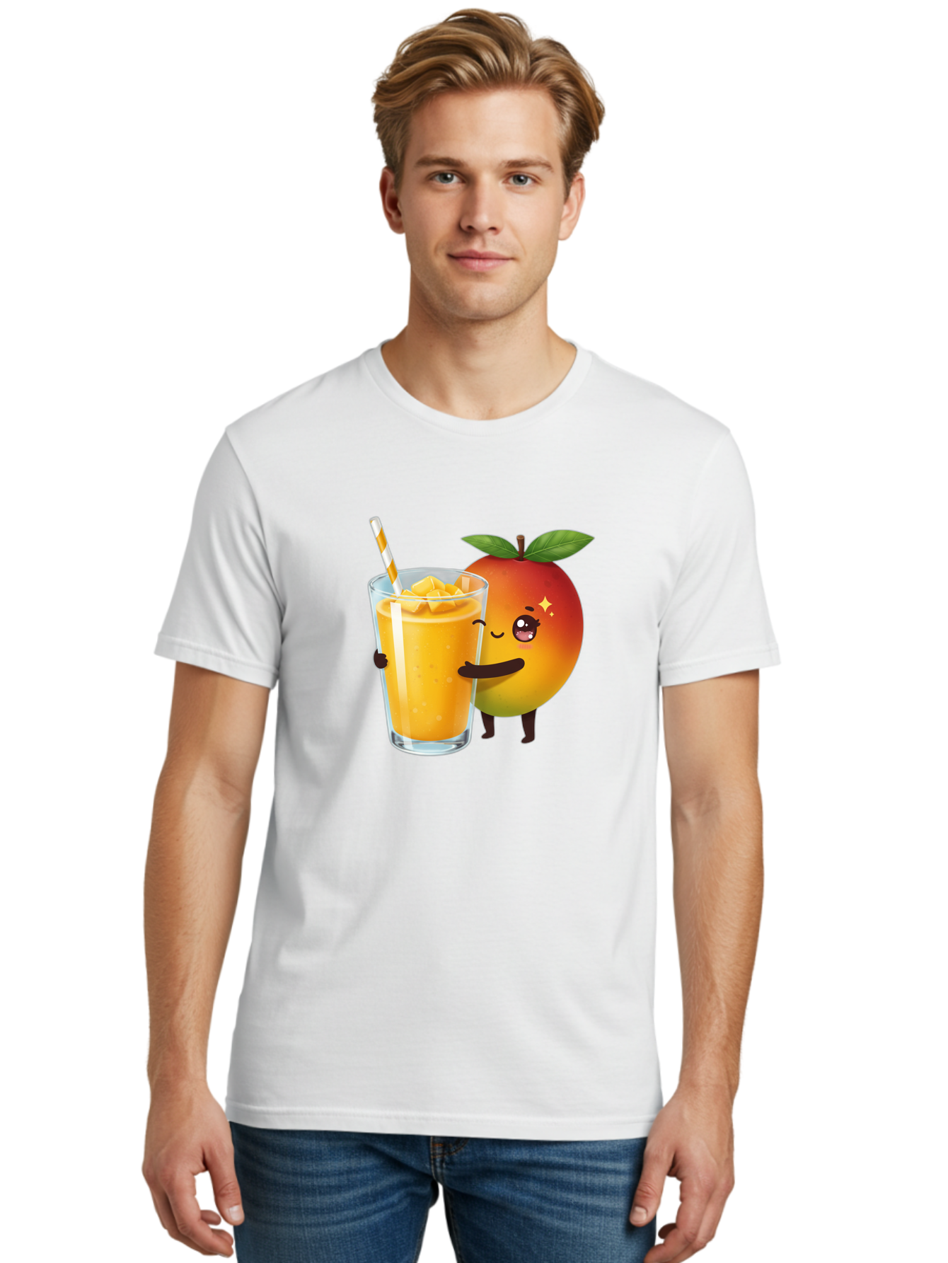 Mango-Smoothie Men'S Graphic Tee, 100% Cotton, Comfortable Casual Summer Wear, Machine Washable, Mango Smoothie, Orange Drink, Cartoon Fruit, Yellow Beverage, Glass With Straw, Mango Chunks, Fruit Character, Healthy Drink, Refreshing Beverage, Bac160