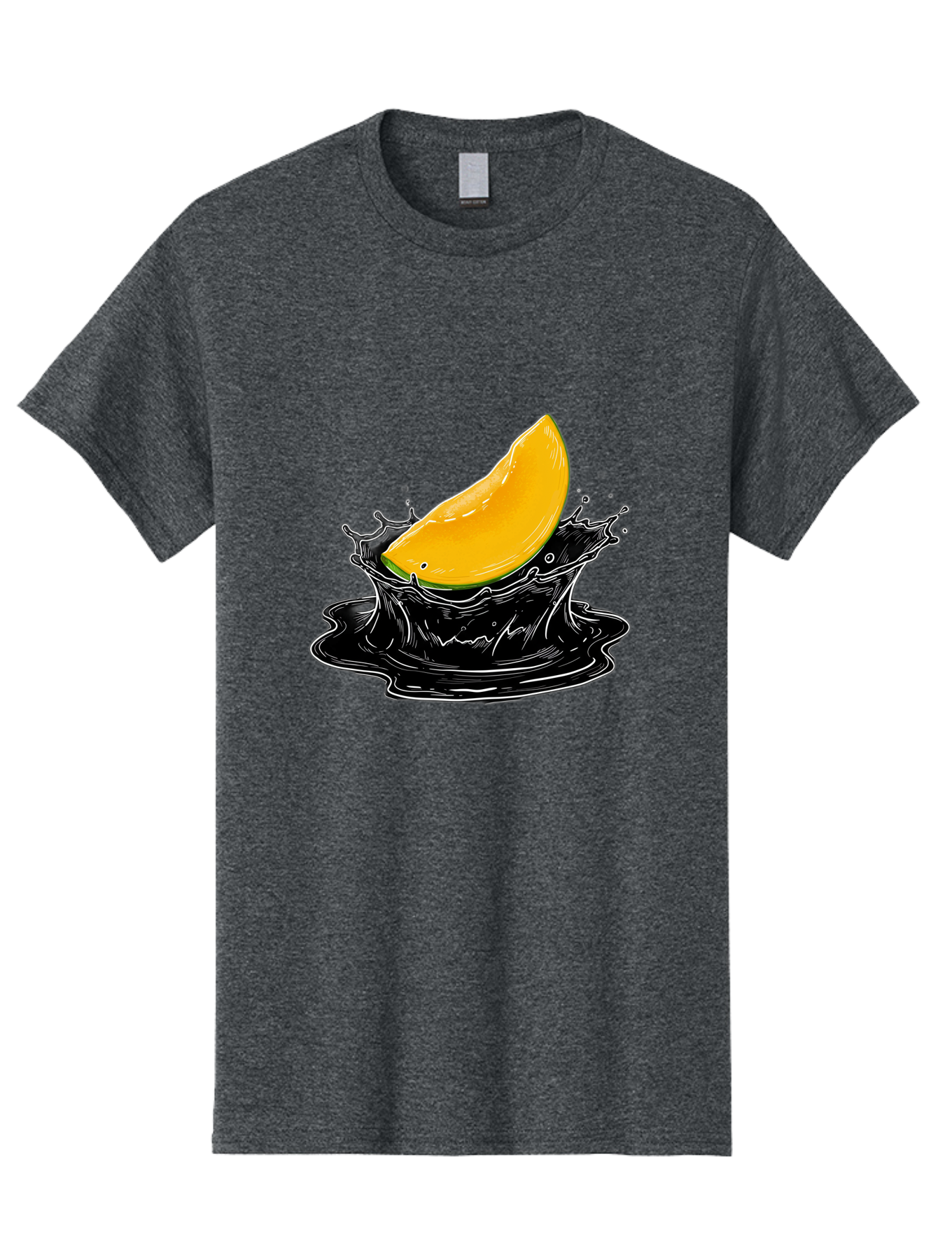 Mango-Splash-3 Men'S Graphic Tee, 100% Cotton, Comfortable Casual Summer Wear, Machine Washable, Mango Slice, Splash Effect, Black Liquid, Vibrant Yellow, Juicy Texture, Fruit Illustration, Dynamic Splash, Abstract Art Bac163