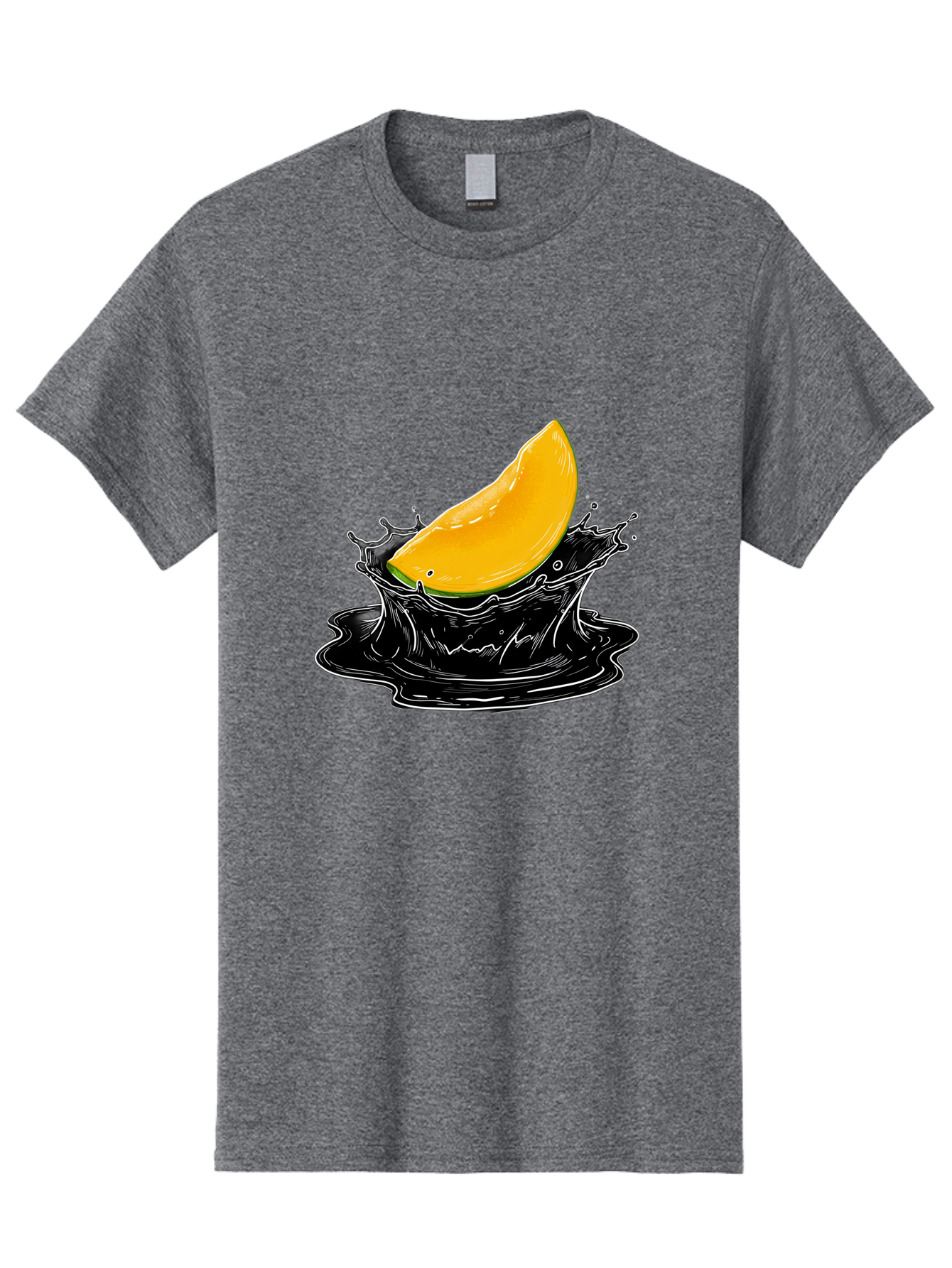 Mango-Splash-3 Men'S Graphic Tee, 100% Cotton, Comfortable Casual Summer Wear, Machine Washable, Mango Slice, Splash Effect, Black Liquid, Vibrant Yellow, Juicy Texture, Fruit Illustration, Dynamic Splash, Abstract Art Bac163