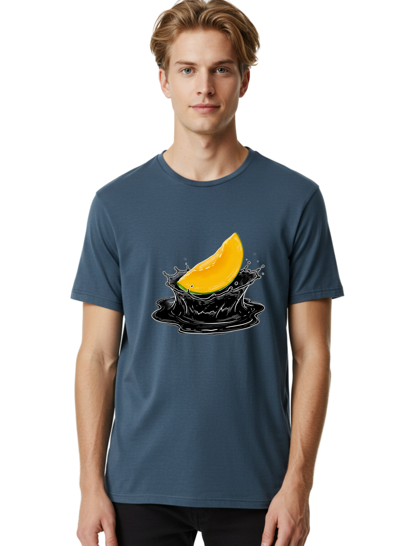 Mango-Splash-3 Men'S Graphic Tee, 100% Cotton, Comfortable Casual Summer Wear, Machine Washable, Mango Slice, Splash Effect, Black Liquid, Vibrant Yellow, Juicy Texture, Fruit Illustration, Dynamic Splash, Abstract Art Bac163
