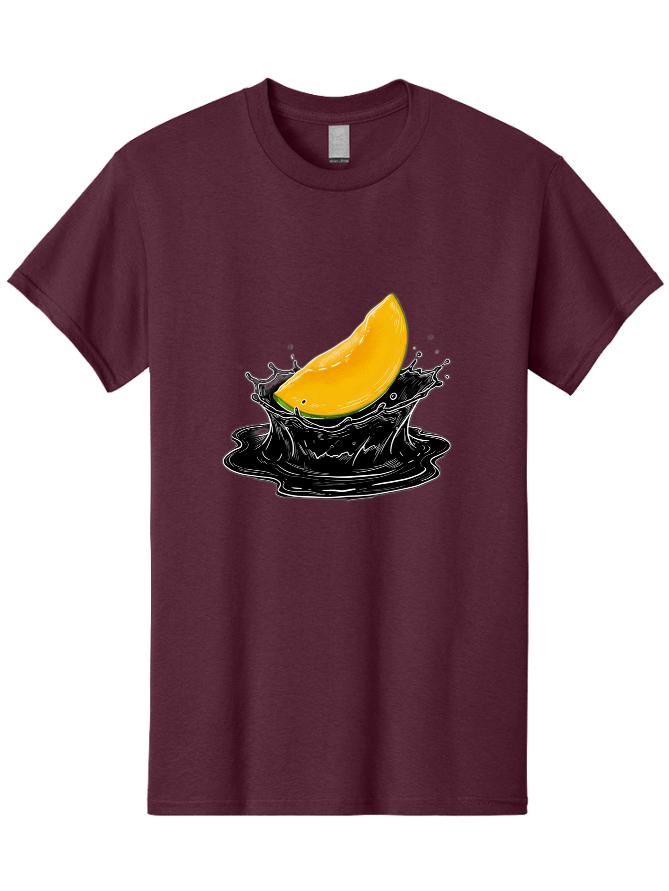 Mango-Splash-3 Men'S Graphic Tee, 100% Cotton, Comfortable Casual Summer Wear, Machine Washable, Mango Slice, Splash Effect, Black Liquid, Vibrant Yellow, Juicy Texture, Fruit Illustration, Dynamic Splash, Abstract Art Bac163