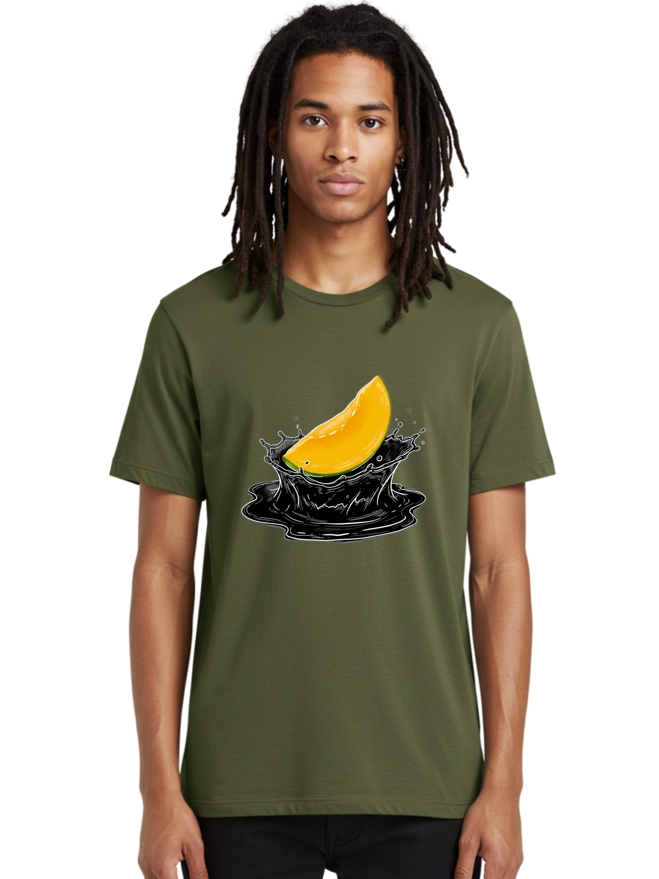 Mango-Splash-3 Men'S Graphic Tee, 100% Cotton, Comfortable Casual Summer Wear, Machine Washable, Mango Slice, Splash Effect, Black Liquid, Vibrant Yellow, Juicy Texture, Fruit Illustration, Dynamic Splash, Abstract Art Bac163