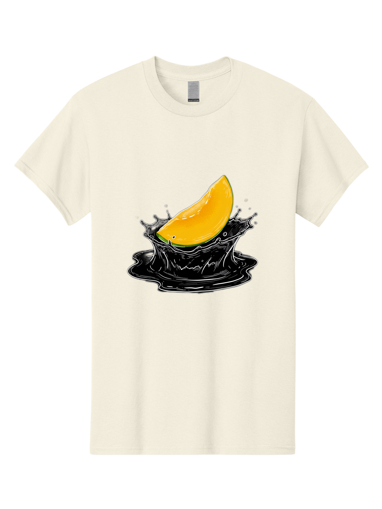 Mango-Splash-3 Men'S Graphic Tee, 100% Cotton, Comfortable Casual Summer Wear, Machine Washable, Mango Slice, Splash Effect, Black Liquid, Vibrant Yellow, Juicy Texture, Fruit Illustration, Dynamic Splash, Abstract Art Bac163