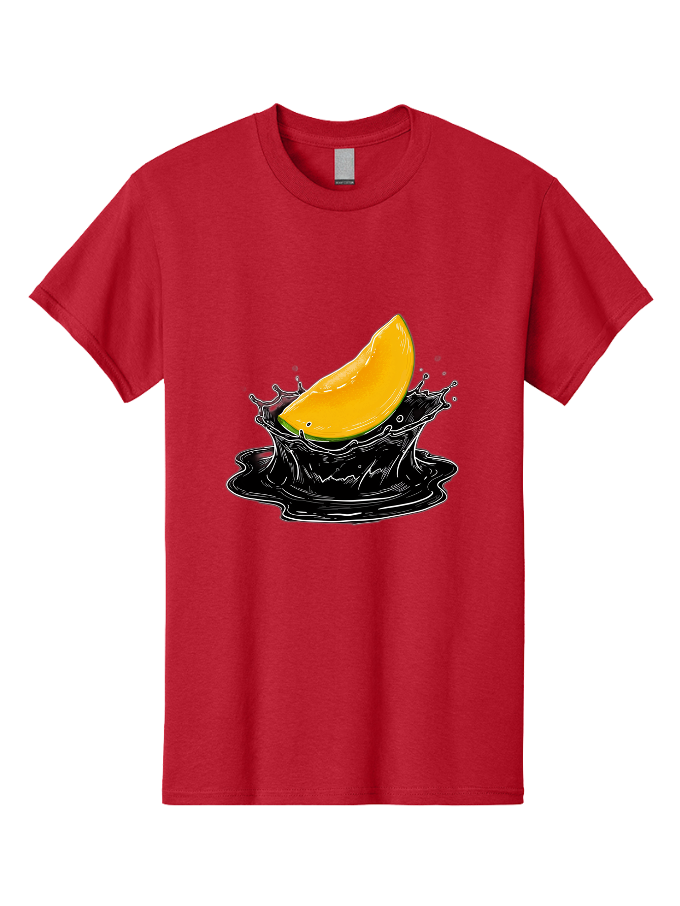 Mango-Splash-3 Men'S Graphic Tee, 100% Cotton, Comfortable Casual Summer Wear, Machine Washable, Mango Slice, Splash Effect, Black Liquid, Vibrant Yellow, Juicy Texture, Fruit Illustration, Dynamic Splash, Abstract Art Bac163
