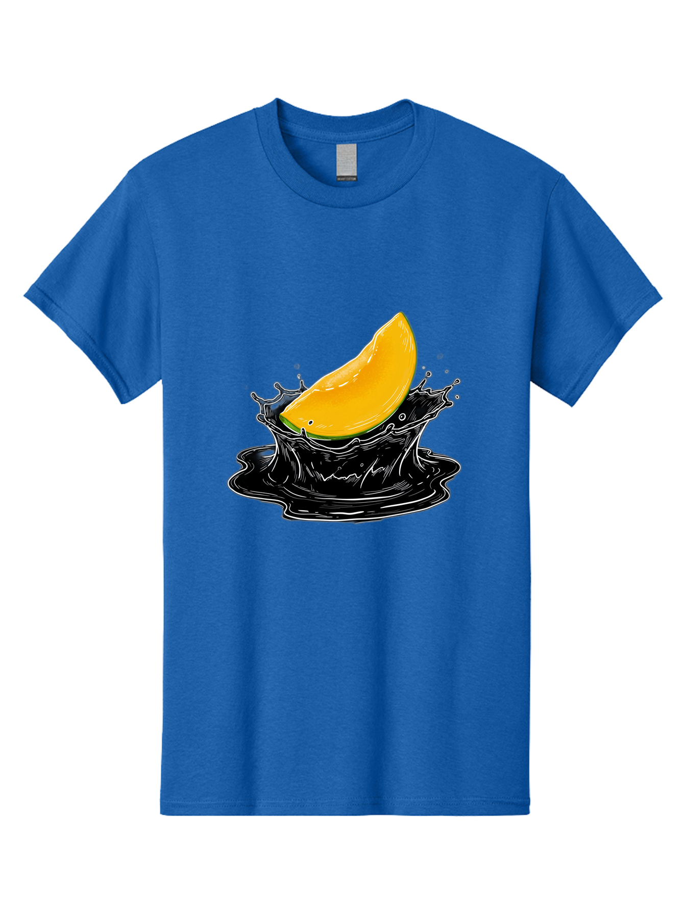 Mango-Splash-3 Men'S Graphic Tee, 100% Cotton, Comfortable Casual Summer Wear, Machine Washable, Mango Slice, Splash Effect, Black Liquid, Vibrant Yellow, Juicy Texture, Fruit Illustration, Dynamic Splash, Abstract Art Bac163