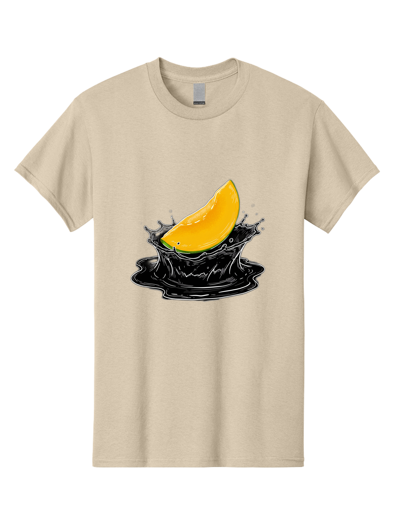 Mango-Splash-3 Men'S Graphic Tee, 100% Cotton, Comfortable Casual Summer Wear, Machine Washable, Mango Slice, Splash Effect, Black Liquid, Vibrant Yellow, Juicy Texture, Fruit Illustration, Dynamic Splash, Abstract Art Bac163