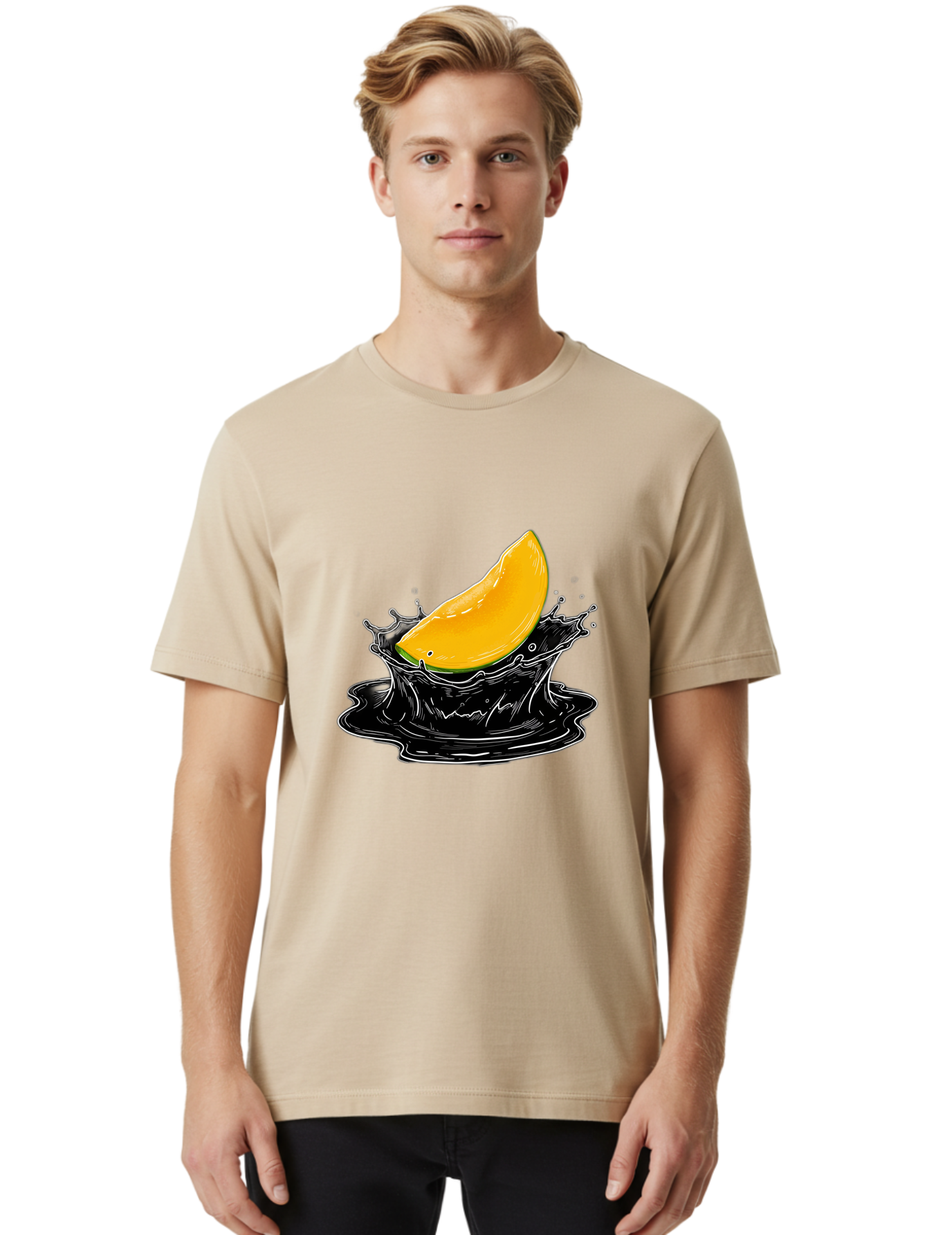 Mango-Splash-3 Men'S Graphic Tee, 100% Cotton, Comfortable Casual Summer Wear, Machine Washable, Mango Slice, Splash Effect, Black Liquid, Vibrant Yellow, Juicy Texture, Fruit Illustration, Dynamic Splash, Abstract Art Bac163