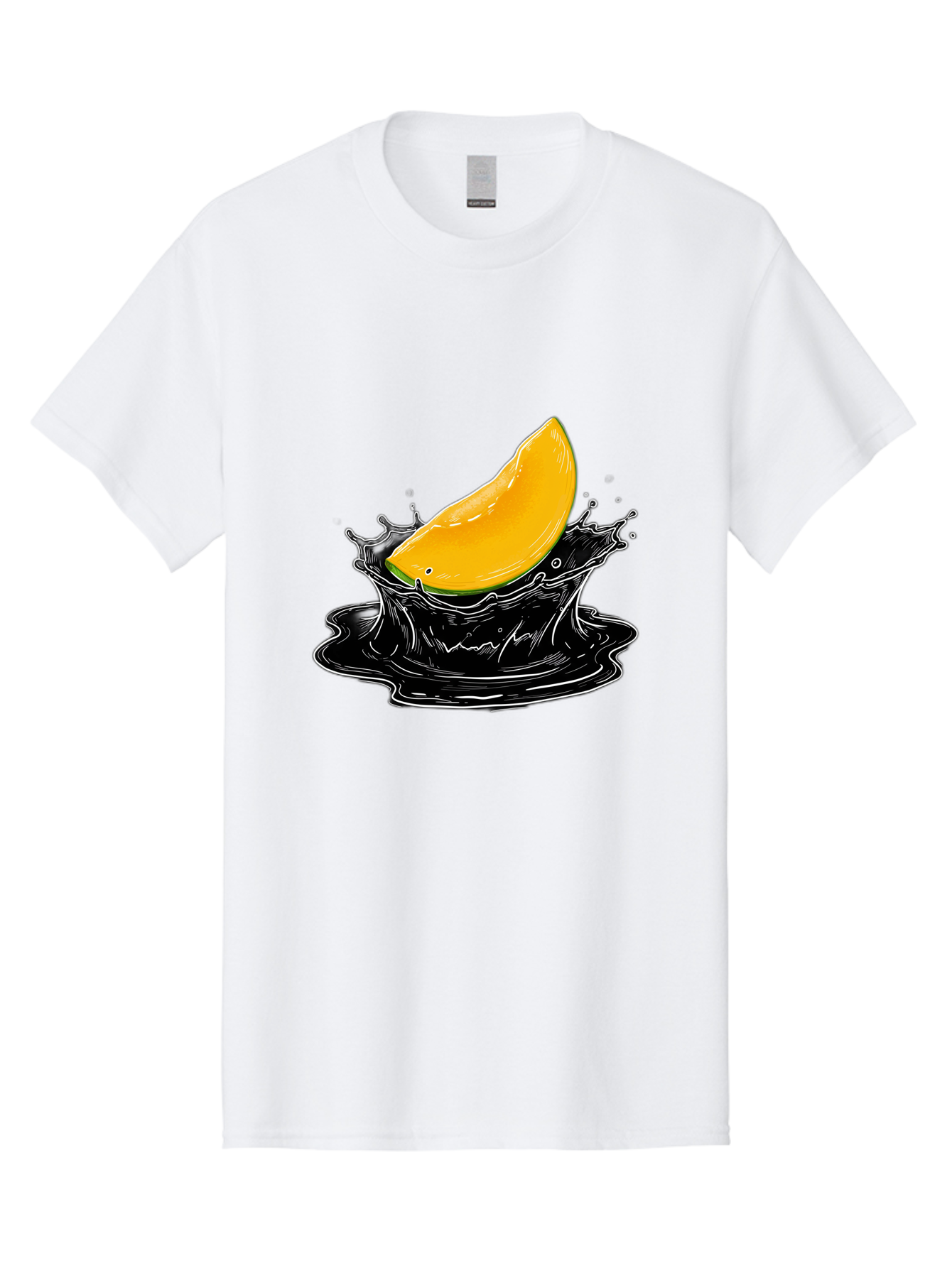 Mango-Splash-3 Men'S Graphic Tee, 100% Cotton, Comfortable Casual Summer Wear, Machine Washable, Mango Slice, Splash Effect, Black Liquid, Vibrant Yellow, Juicy Texture, Fruit Illustration, Dynamic Splash, Abstract Art Bac163