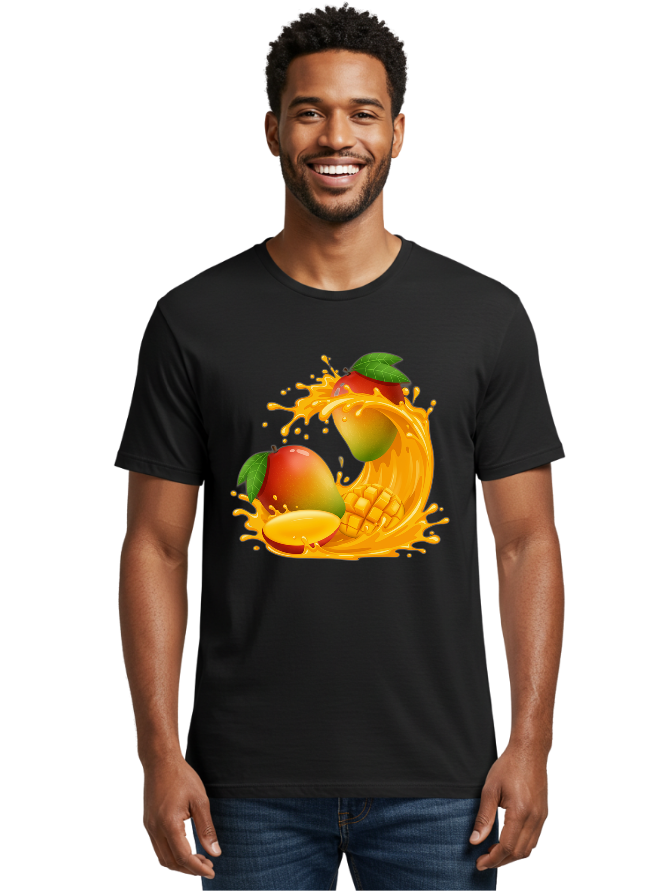 Mango-Splash-4 Men'S Graphic Tee, 100% Cotton, Comfortable Casual Summer Wear, Machine Washable, Mango Fruit, Juicy Mango, Mango Slice, Mango Juice Splash, Mango Chunks, Fresh Mango, Ripe Mango, Tropical Fruit Bac164