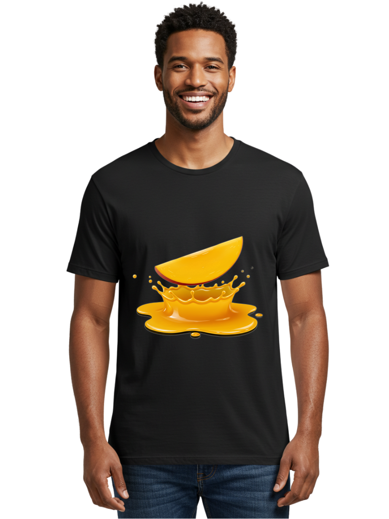 Mango-Splash Men'S Graphic Tee, 100% Cotton, Comfortable Casual Summer Wear, Machine Washable, Mango Slice, Juice Splash, Vibrant Orange, Fruity Scene, Splashing Juice, Summer Drink, Tropical Flavors, Refreshing Drink, Healthy Snack Bac165