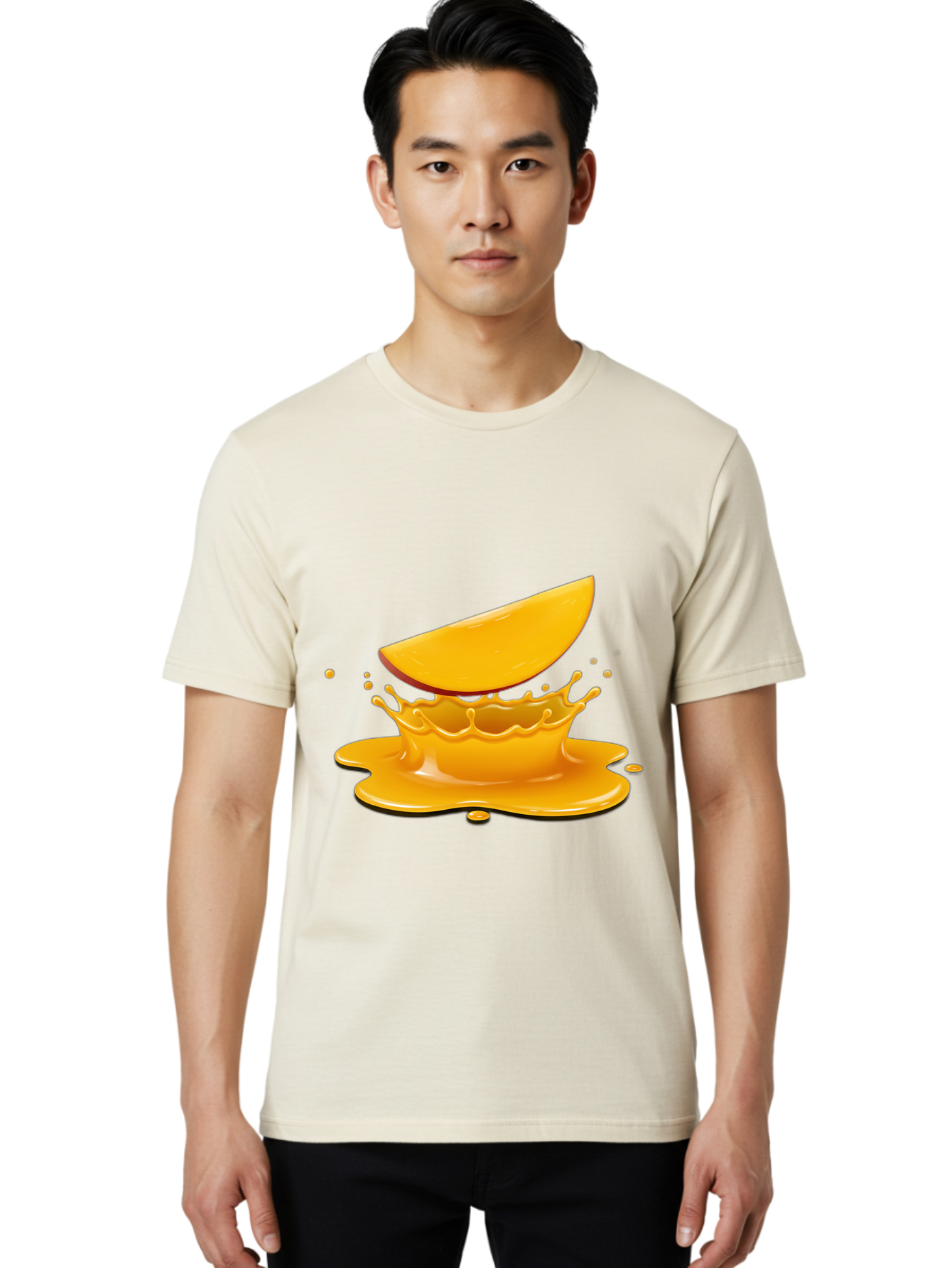 Mango-Splash Men'S Graphic Tee, 100% Cotton, Comfortable Casual Summer Wear, Machine Washable, Mango Slice, Juice Splash, Vibrant Orange, Fruity Scene, Splashing Juice, Summer Drink, Tropical Flavors, Refreshing Drink, Healthy Snack Bac165