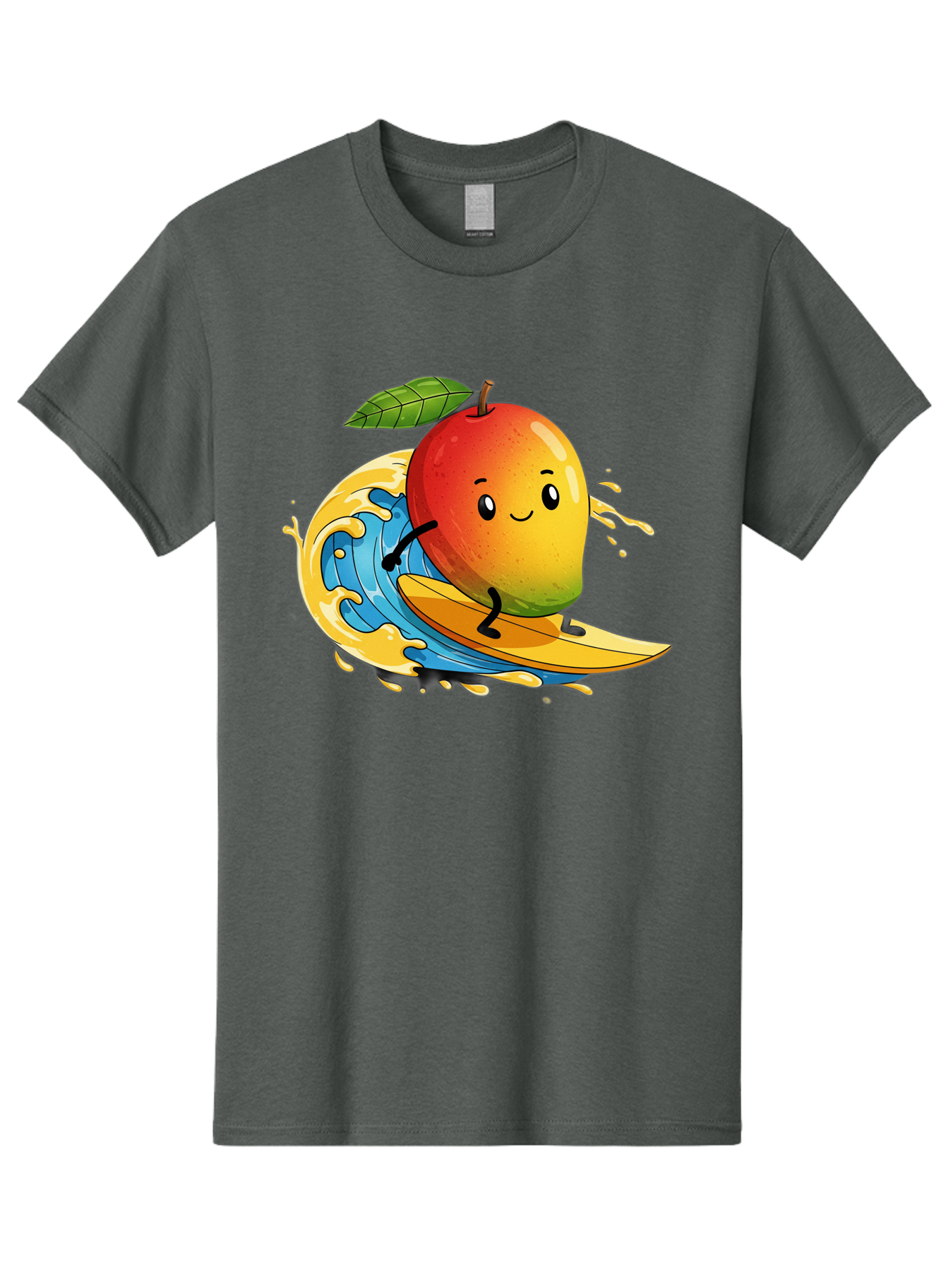 Mango-Surfing-1 Men'S Graphic Tee, 100% Cotton, Comfortable Casual Summer Wear, Machine Washable, Mango On Surfboard, Surfing Wave, Cartoon Fruit, Summer Fun, Beach Activity, Tropical Vibes, Happy Mango, Fruit Character, Playful Illustration Bac166